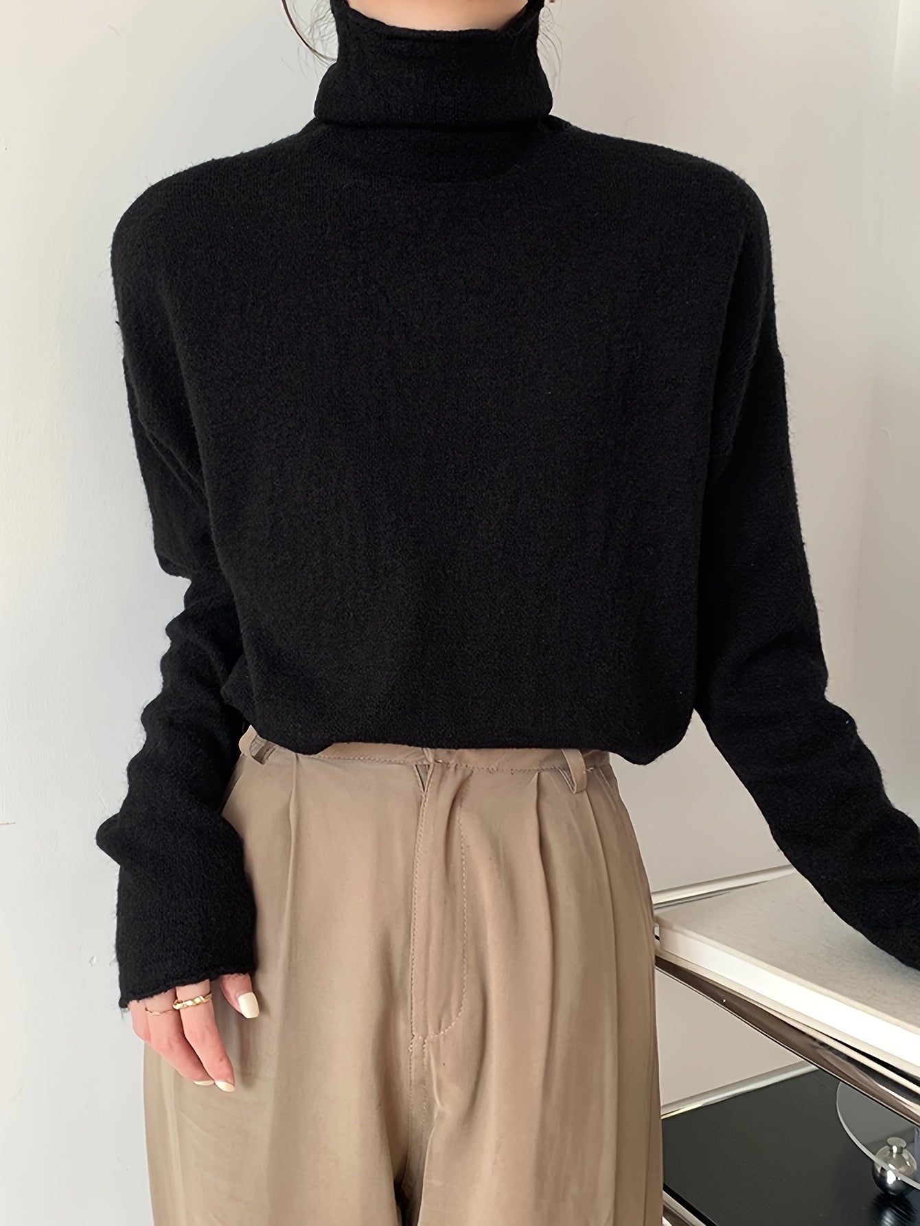 vlovelaw Solid Turtle Neck Pullover Sweater, Casual Long Sleeve Versatile Inner Wear Sweater, Women's Clothing