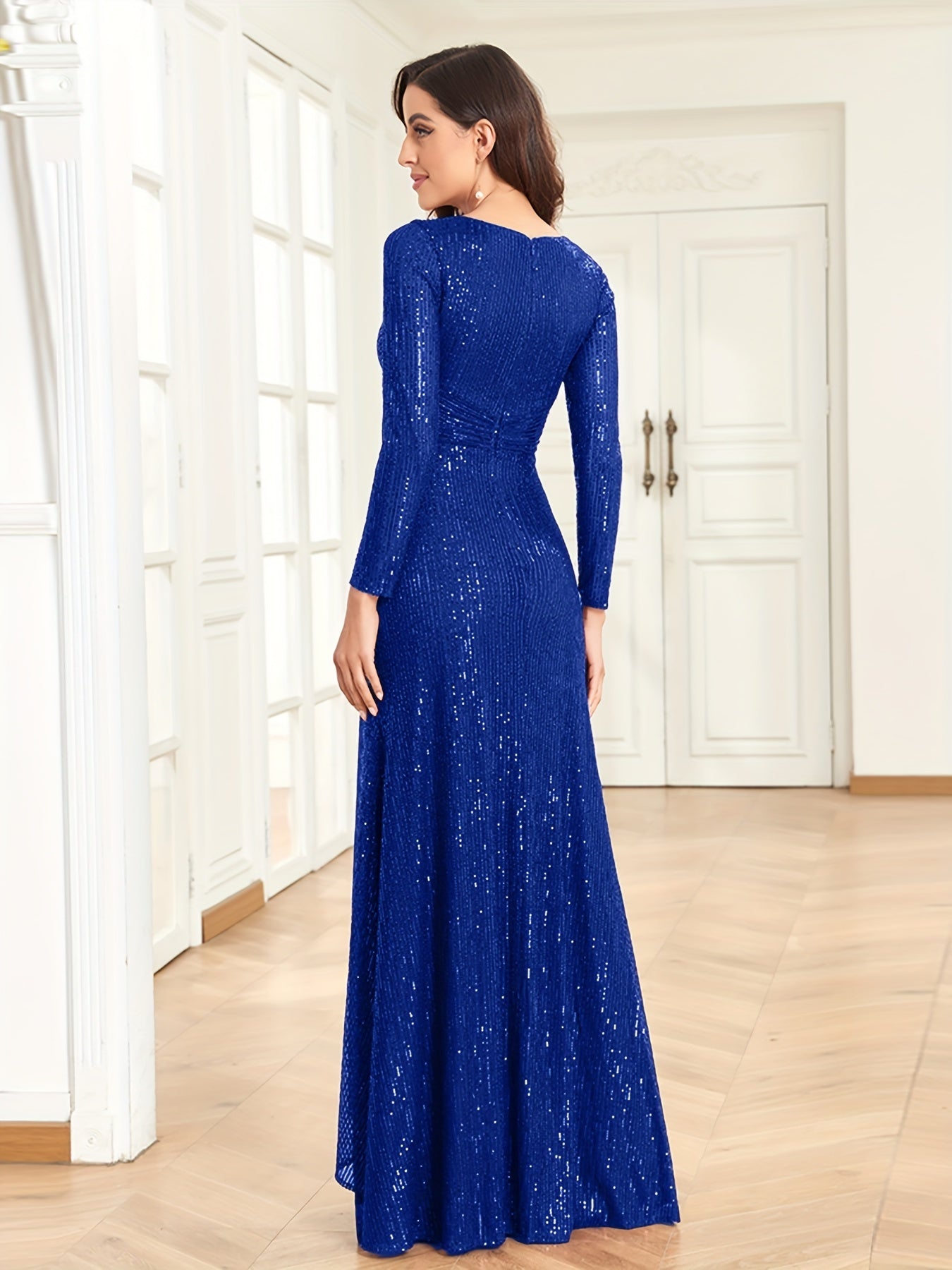 vlovelaw Sequined Twist Front Dress, Elegant Long Sleeve V-Neck Dress For Party, Women's Clothing