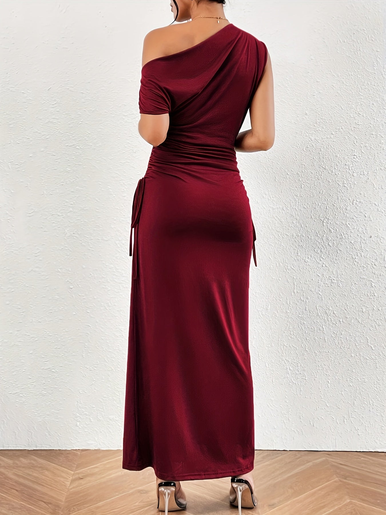 vlovelaw Solid One Shoulder Dress, Elegant Ruched Short Sleeve Lace Up Dress, Women's Clothing