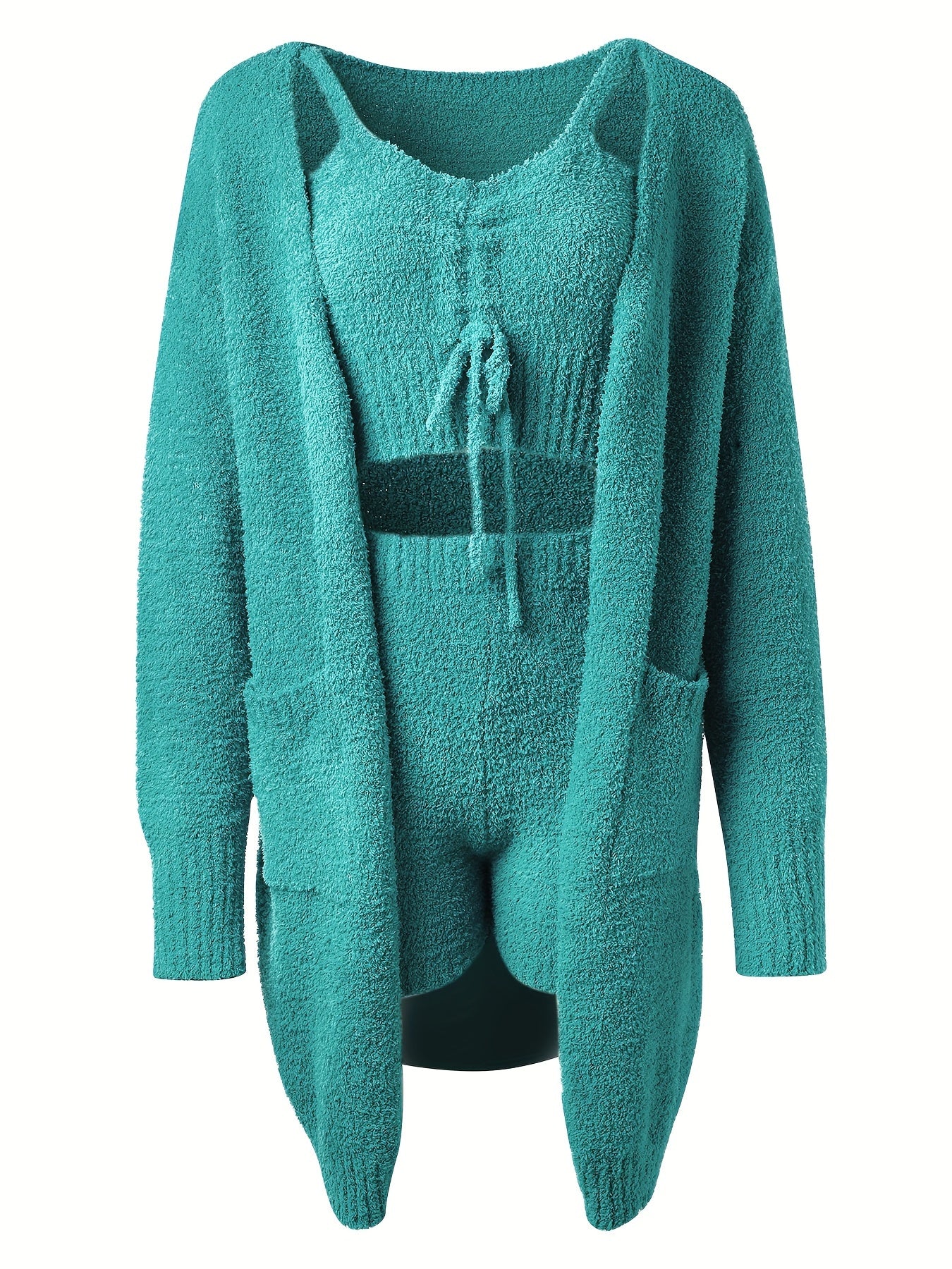 vlovelaw  Fuzzy Solid Casual Three-piece Set, Open Front Long Sleeve Top & Drawstring V Neck Tank Top & Slim Shorts Outfits, Women's Clothing