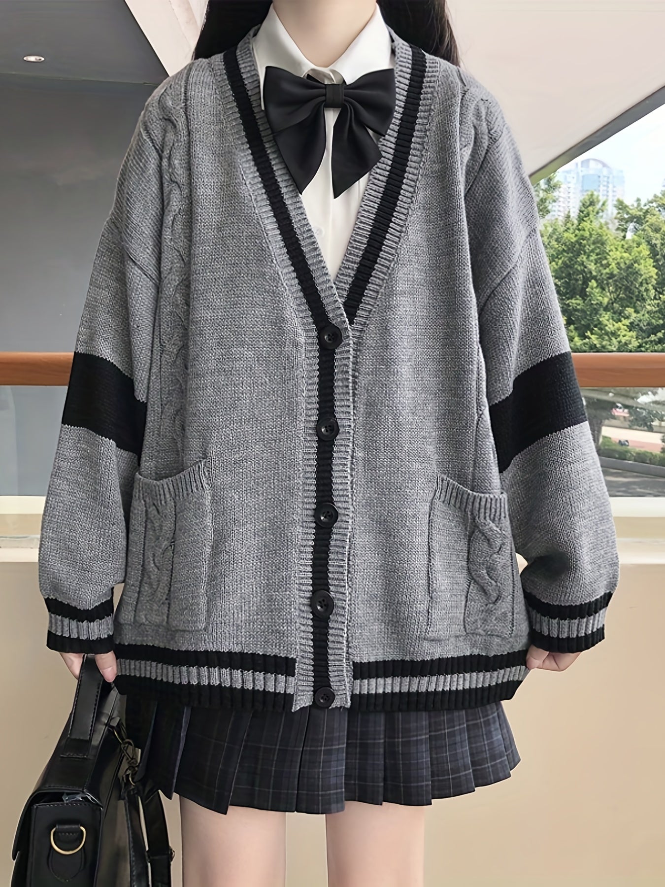 vlovelaw Color Block Button Front Knit Cardigan, Elegant V Neck Long Sleeve Sweater For Fall & Winter, Women's Clothing