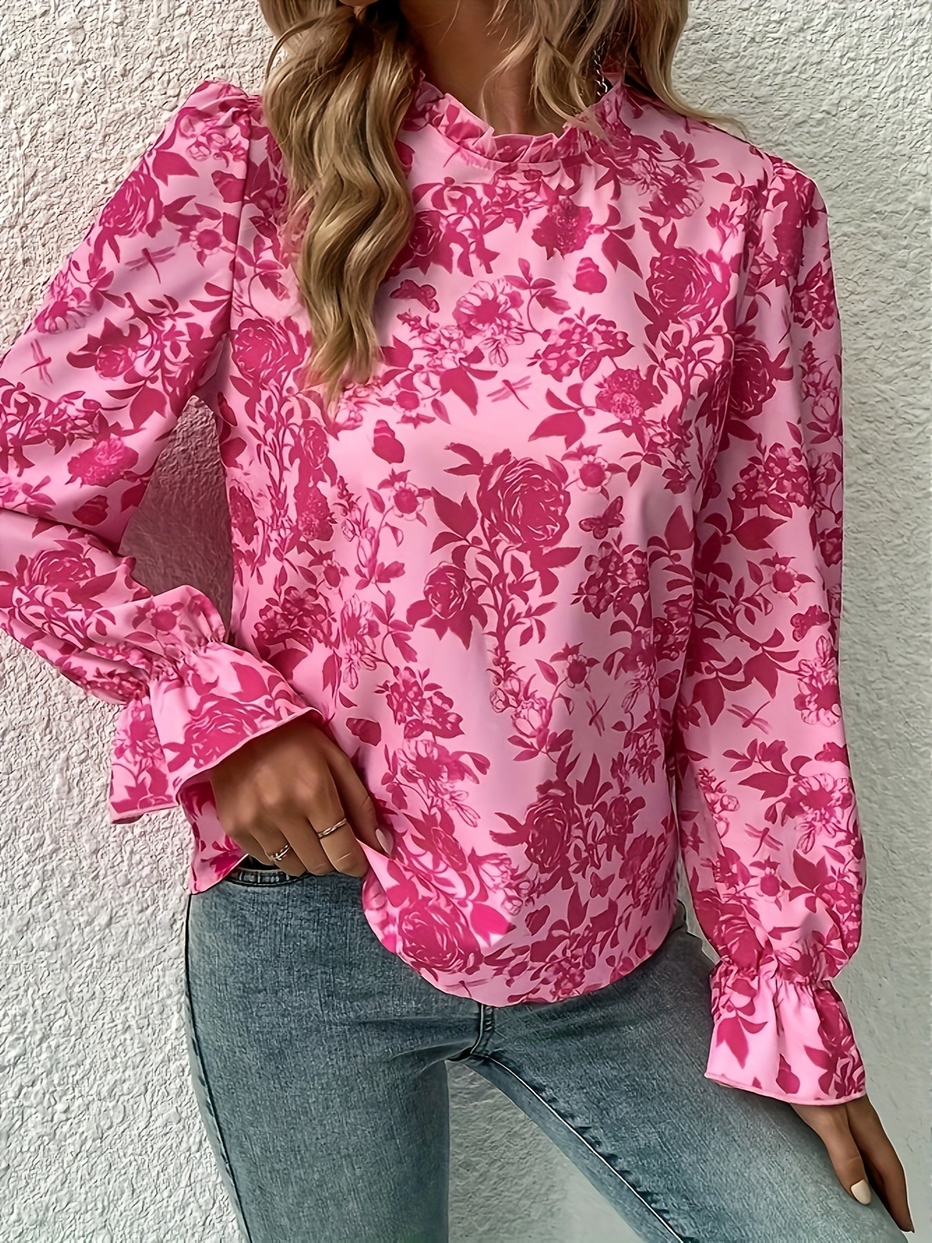 vlovelaw Floral Print Ruffle Trim Blouse, Casual Crew Neck Long Sleeve Blouse, Women's Clothing