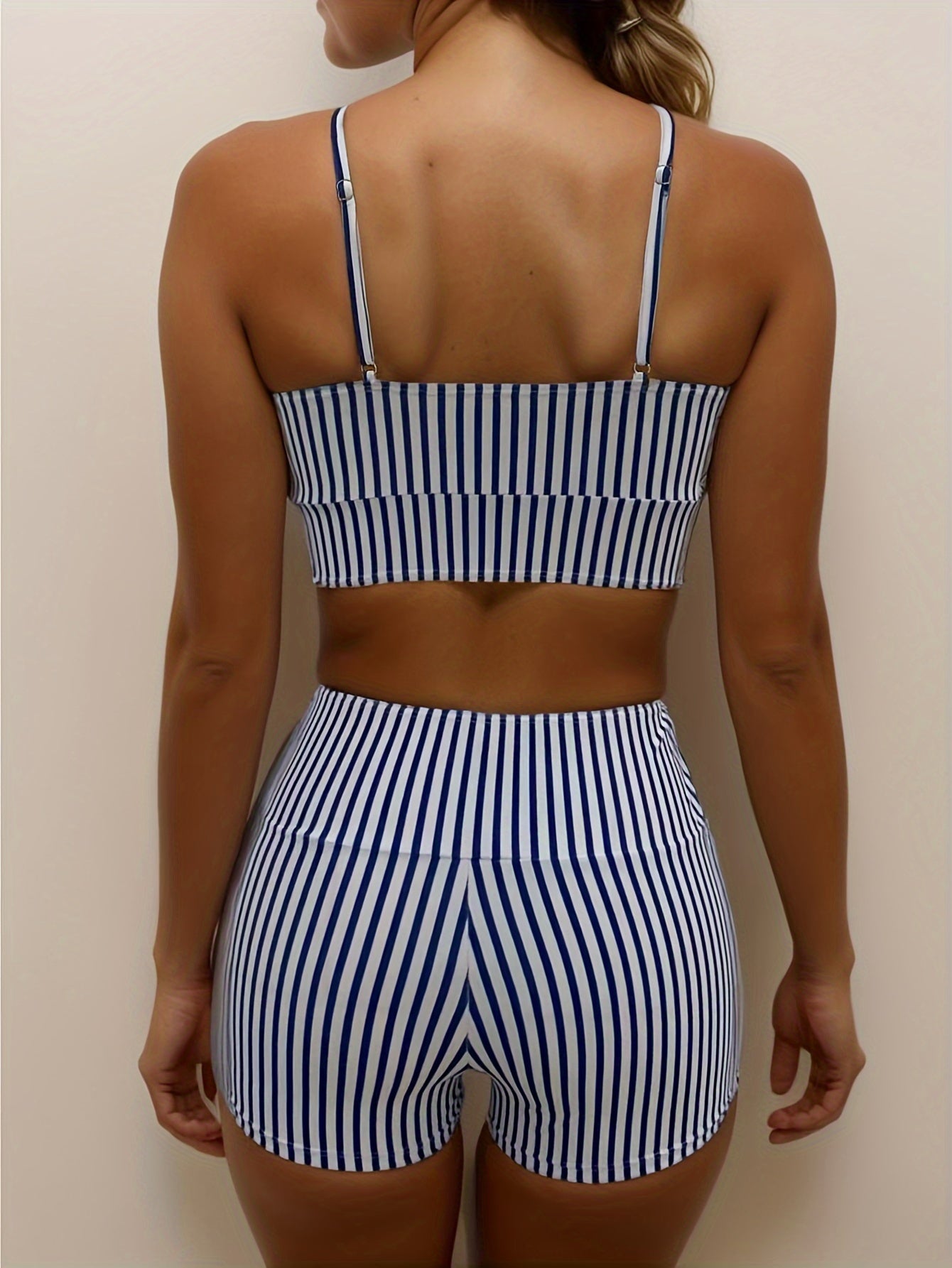 2-Piece Striped High Cut Bikini Set - Stretchy Knit Fabric, Tie-Front Top, Drawstring Shorts, Machine Washable, Customized Striped Print - Polyester Lining, High Stretch, Knotted Details
