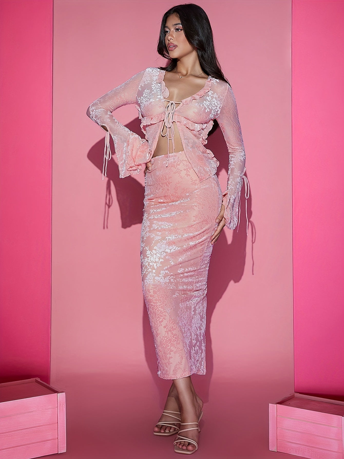 vlovelaw Y2K Jacquard Slim Skirt Set, Flare Sleeve Ruffle Trim Open Front Tied Top & Split Hem Pencil Skirt Outfits, Women's Clothing