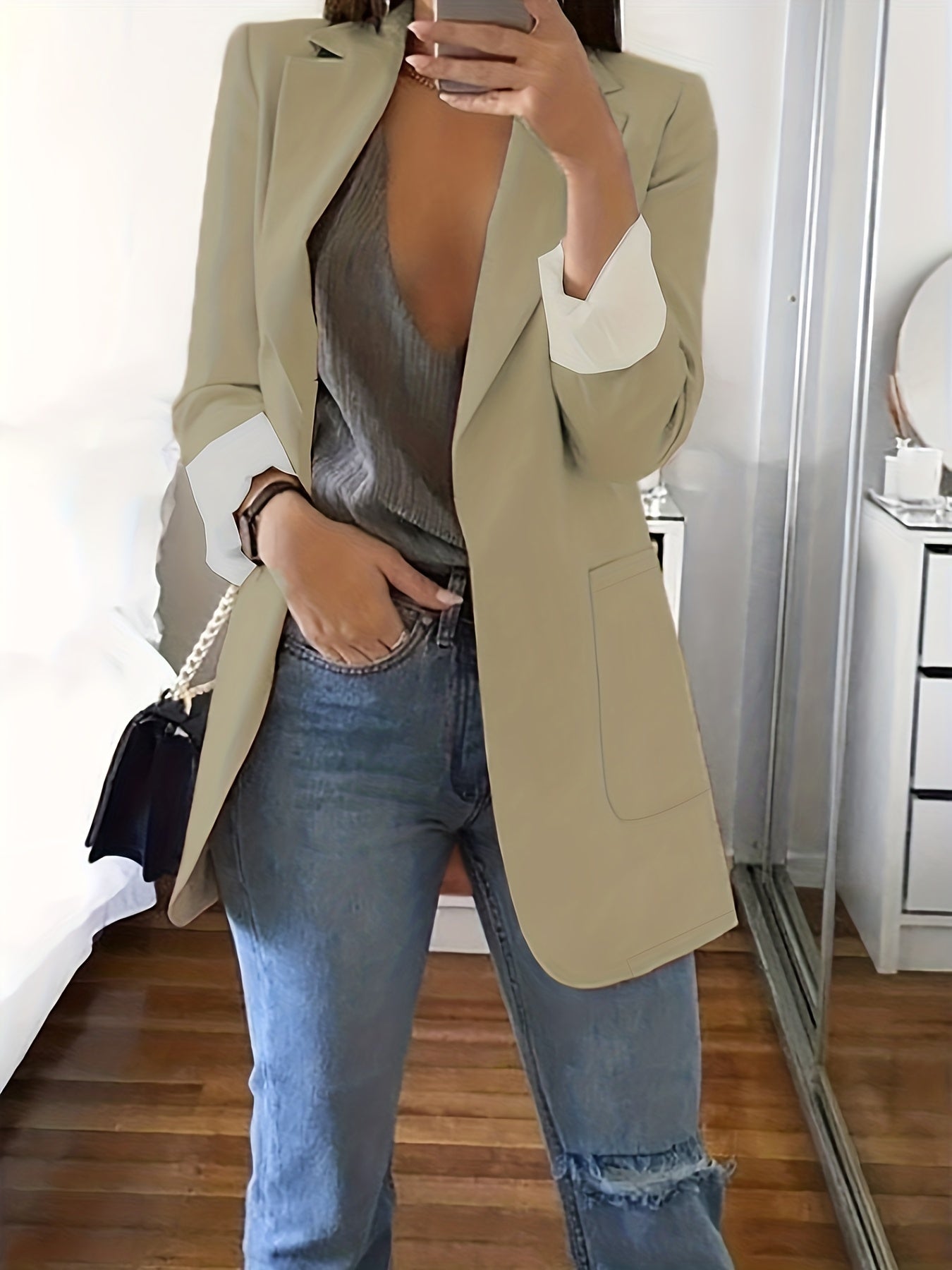 Solid Lapel Blazer, Casual Long Sleeve Open Front Work Office Outerwear, Women's Clothing