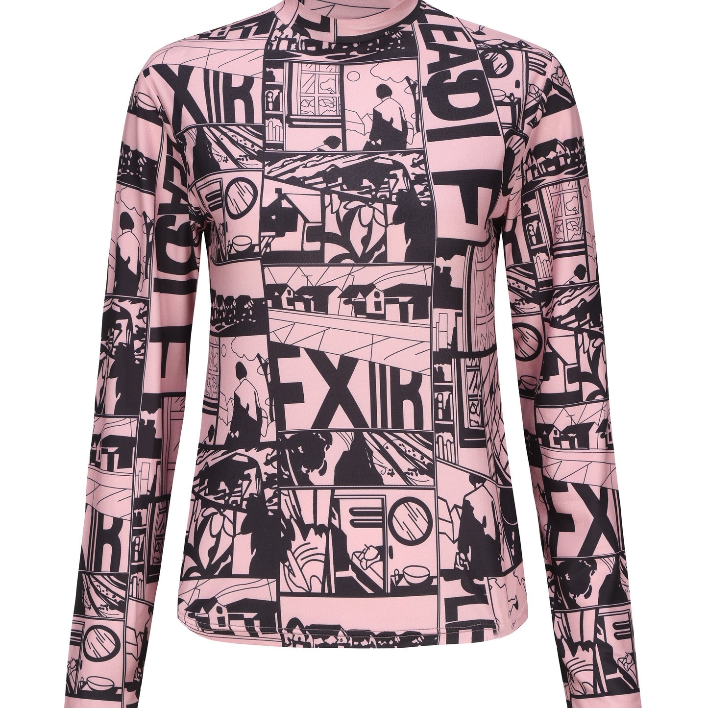 Y2K Anime Print T-Shirt, Long Sleeve High Neck Casual Top, Women's Clothing