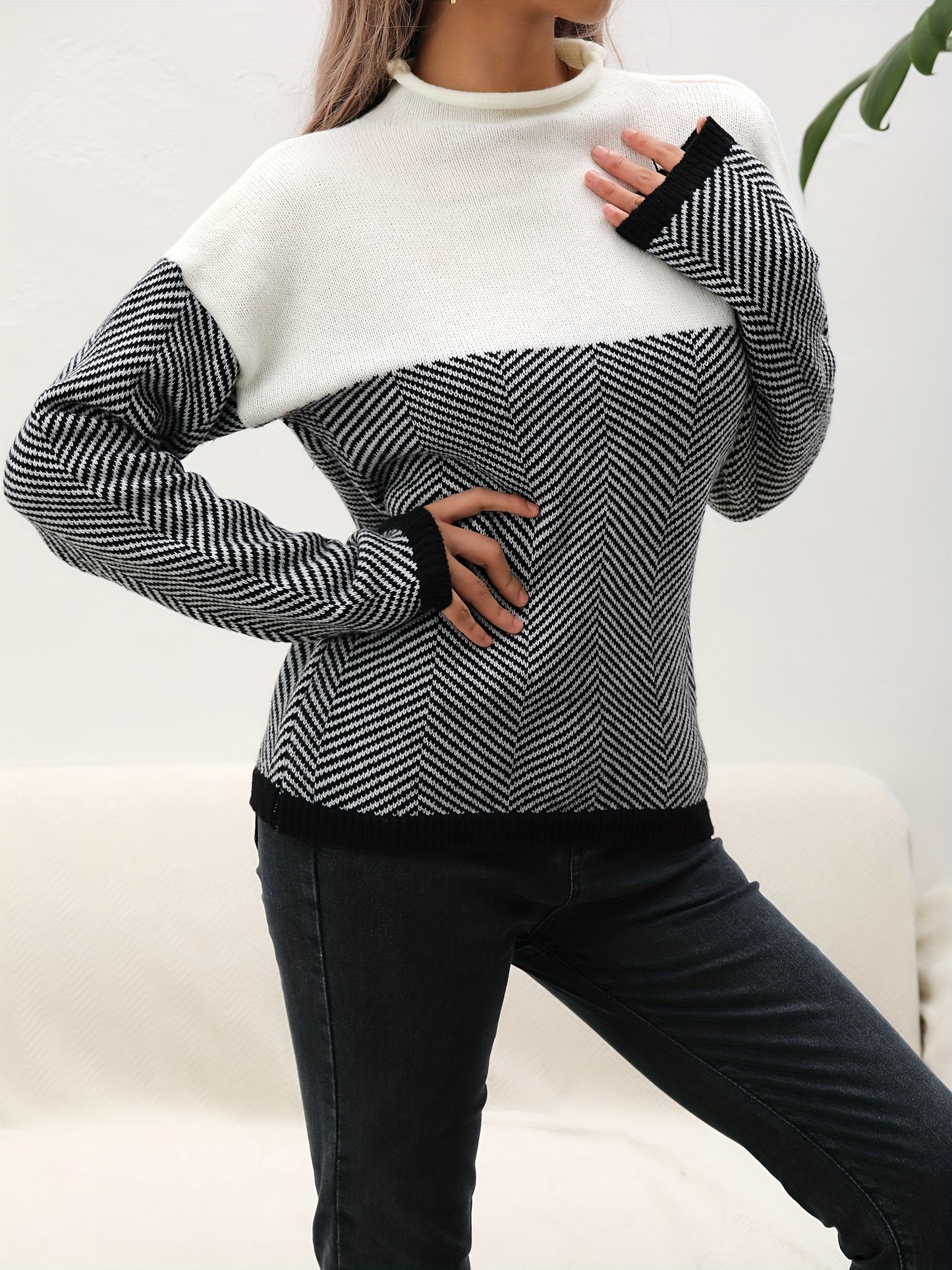 vlovelaw Long Sleeve Elegant Loose Sweater, High Neck Casual Sweater For Winter & Fall, Women's Clothing