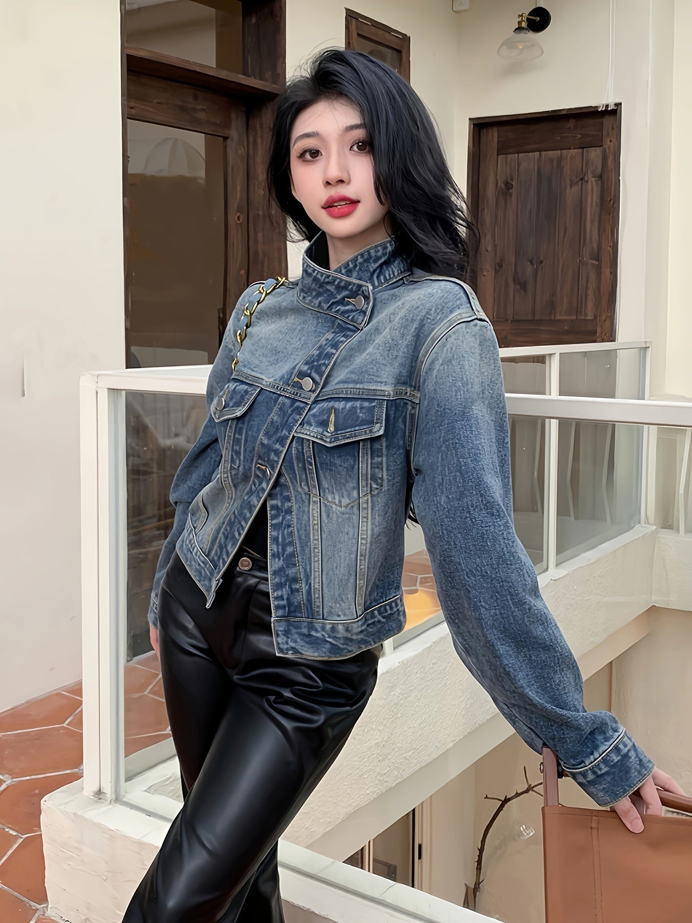 Long Sleeves Lapel Denim Coat, Flap Pockets Single Breasted Button Versatile Denim Jacket, Women's Denim Clothing