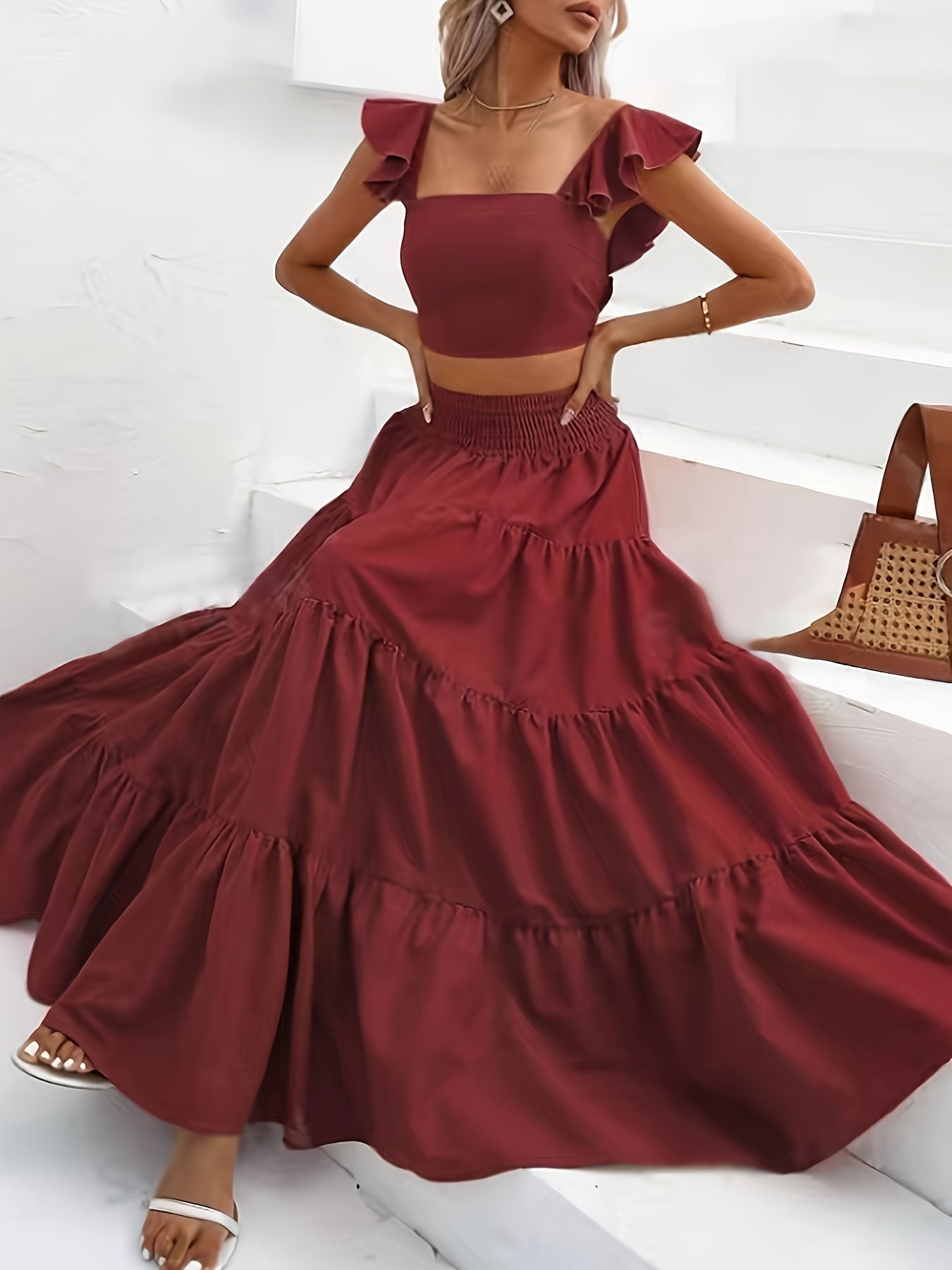 vlovelaw Solid Ruffle Shirred Skirt Suits, Square Neck Flutter Sleeve Backless Crop Top & Elastic High Waist A-line Skirt Outfits, Women's Clothing