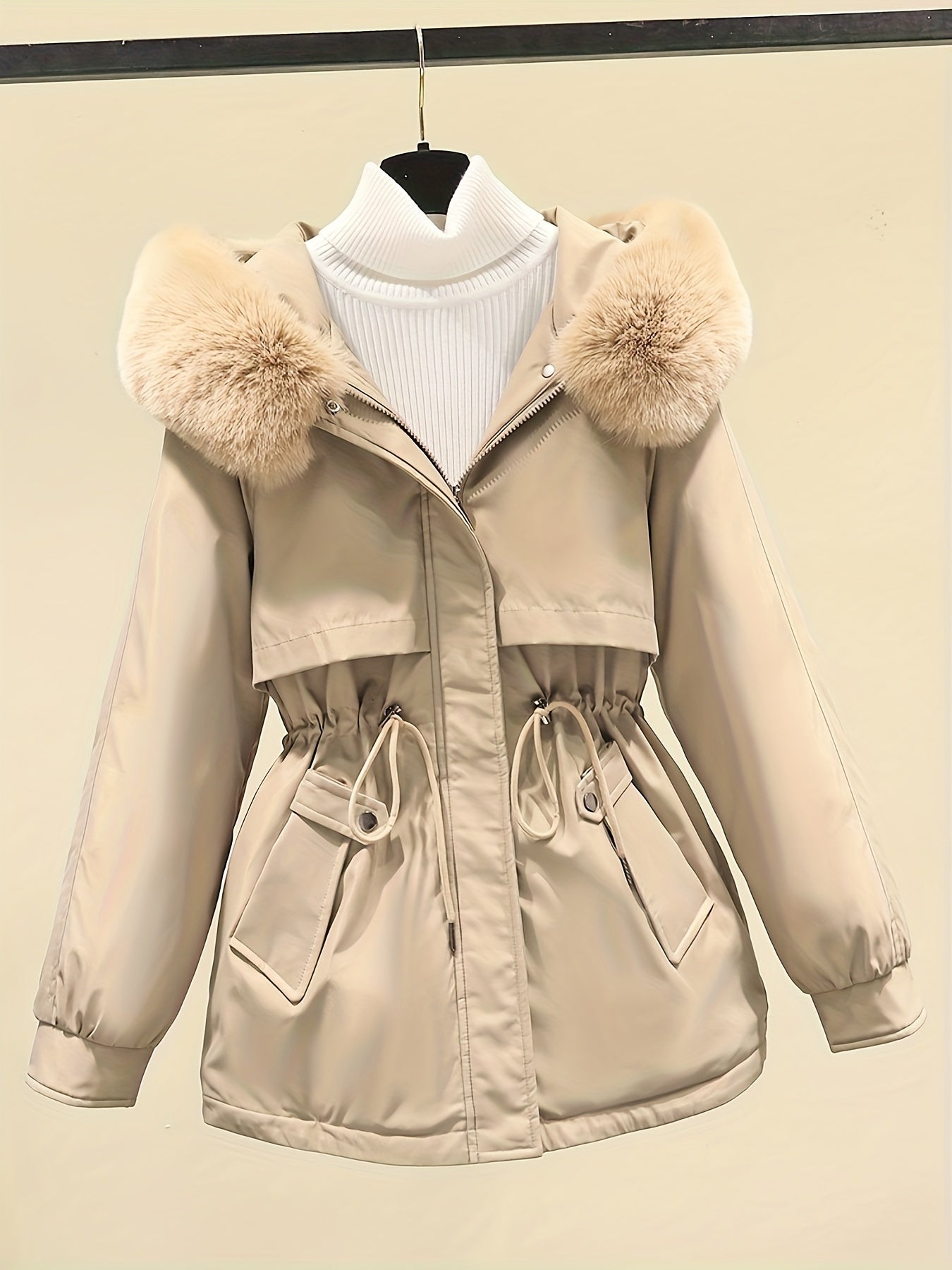 Women's Winter Parka - Casual Long Sleeve, Faux Fur Hooded Coat with Drawstring Waist & Plush Lining for Warmth