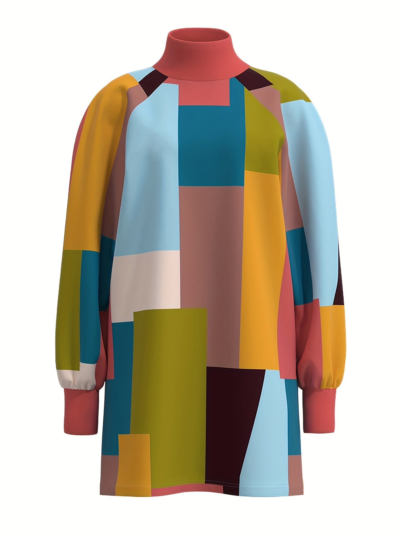 Patchwork Color Block Dress, Casual High Neck Long Sleeve Mini Dress, Women's Clothing