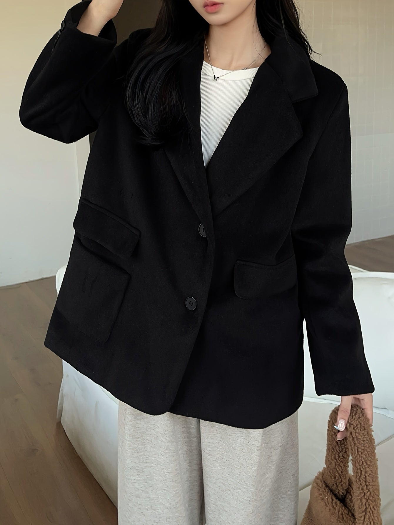 vlovelaw Solid Button Front Coat, Casual Long Sleeve Warm Outwear, Women's Clothing
