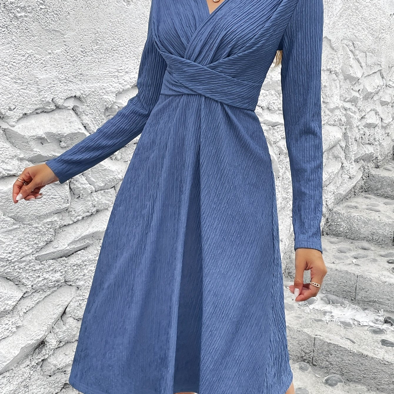 vlovelaw Criss Cross Solid Dress, Elegant Simple V Neck Long Sleeve Dress, Women's Clothing