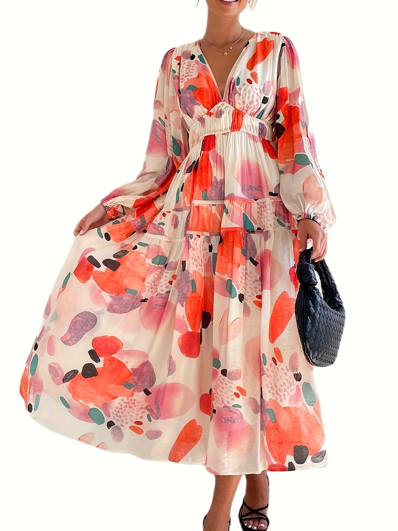 vlovelaw Boho Allover Print Dress, Elegant V Neck Long Sleeve Dress For Spring & Fall, Women's Clothing