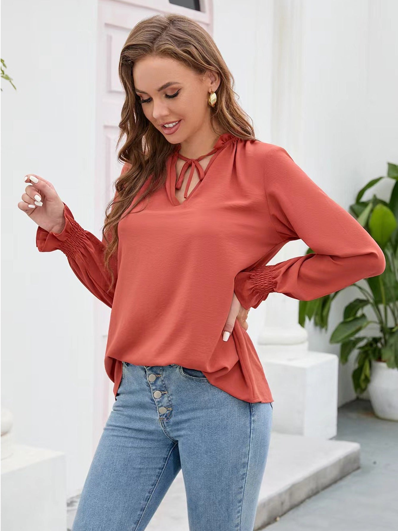 vlovelaw V Neck Chiffon Solid Breathable Blouse