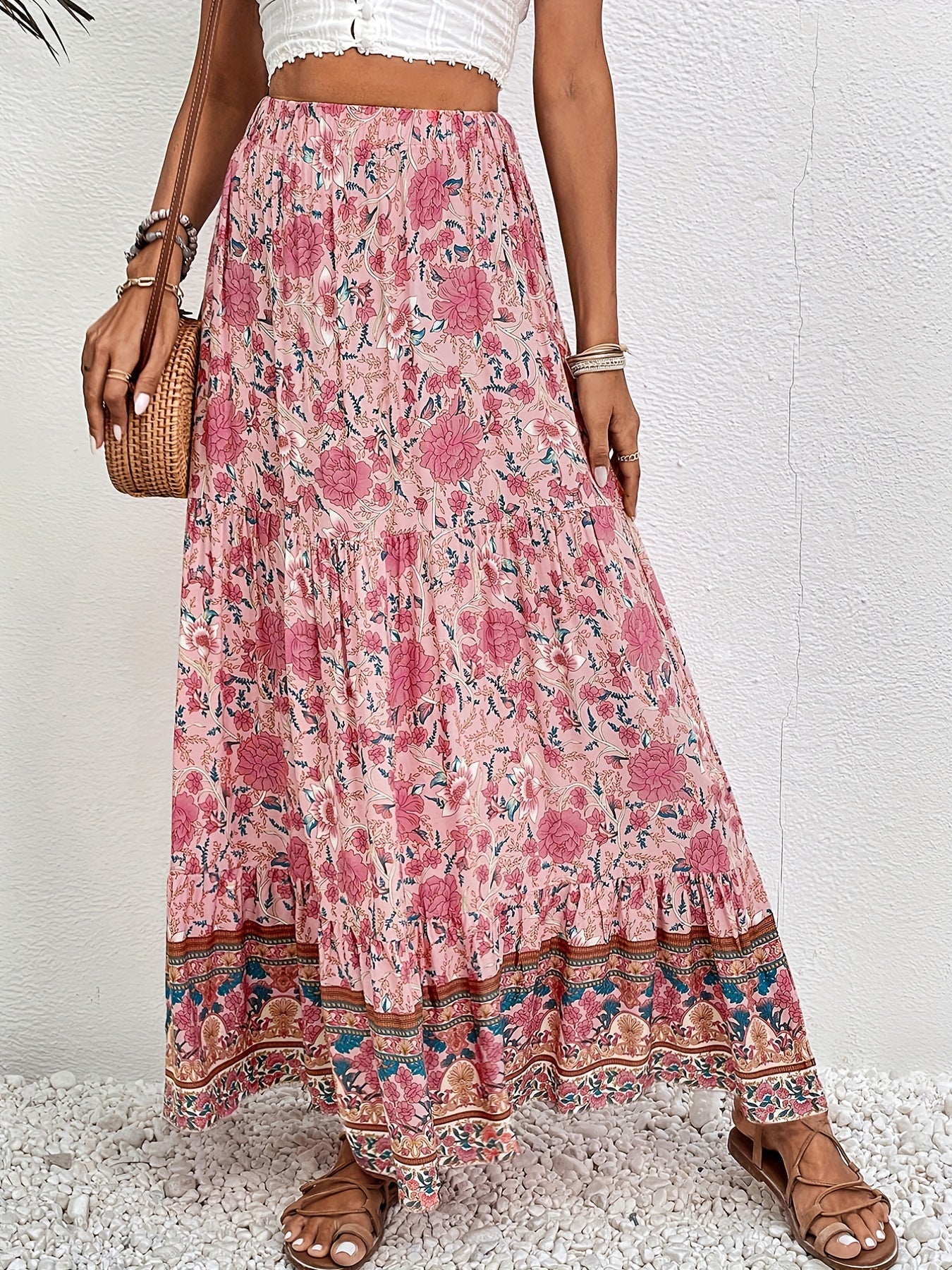 vlovelaw  Floral Print Drawstring Waist Skirt, Boho Skirt For Spring & Summer, Women's Clothing