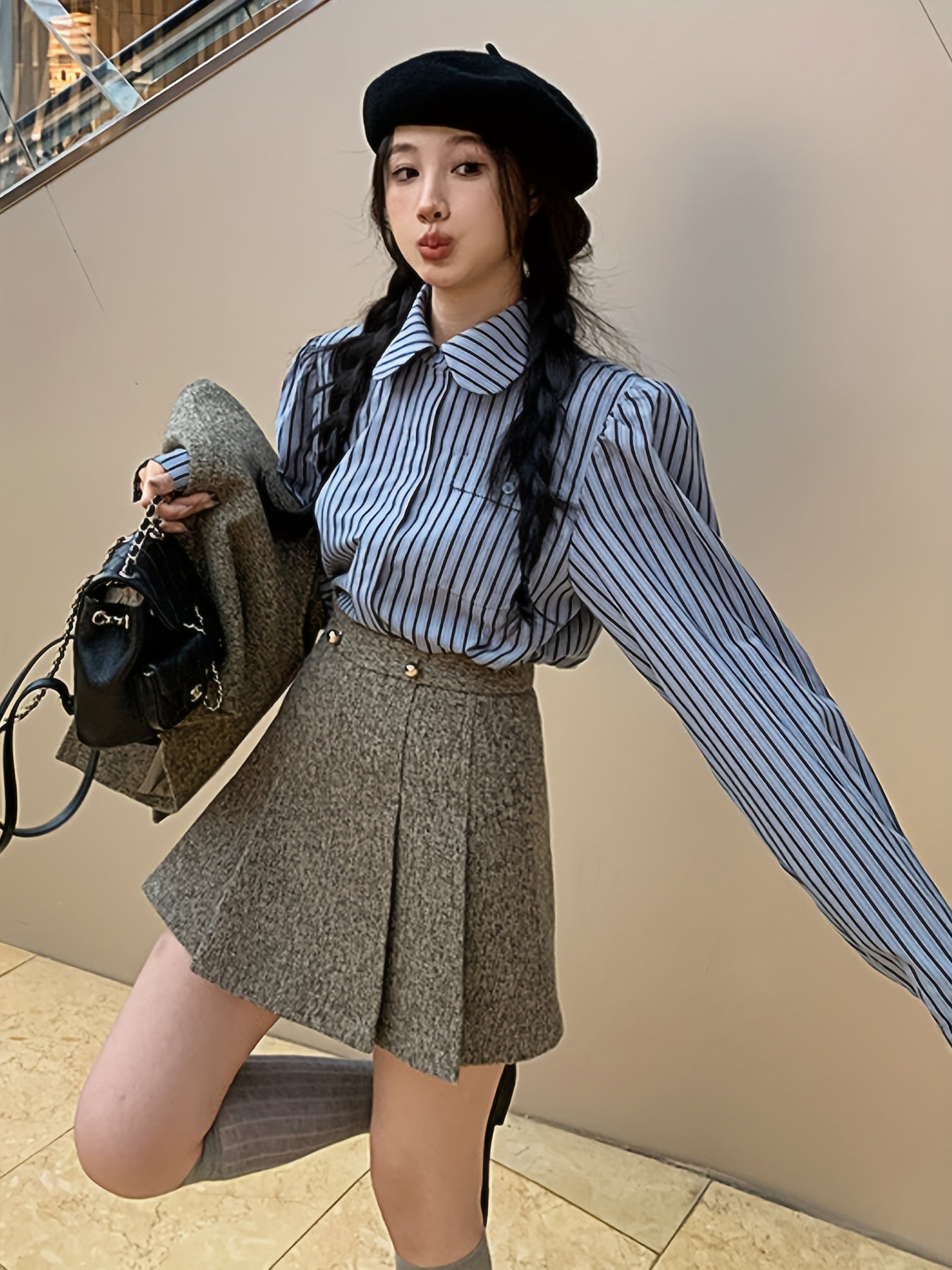 vlovelaw  Casual Three-piece Skirt Set, Button Front Vest & Stripe Print Long Sleeve Shirt & Flare Skirt Outfits, Women's Clothing