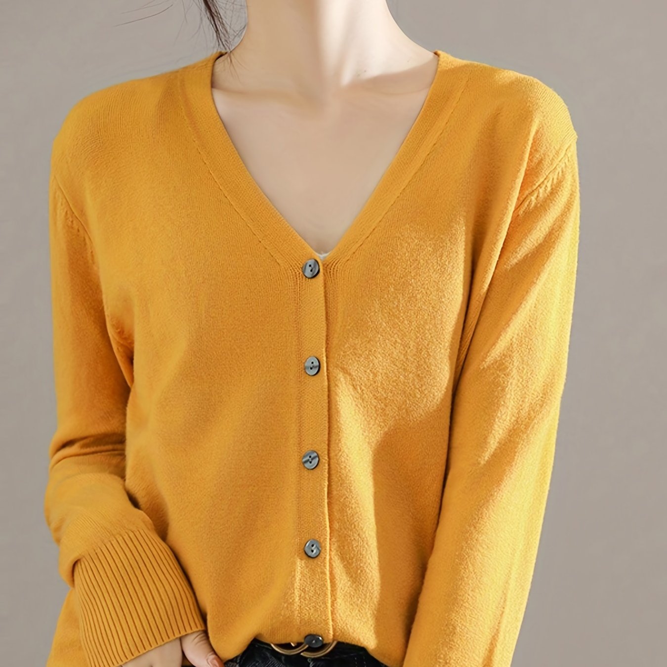 Elegant V-neck Solid Cardigan, Long Sleeve Cardigan For Spring & Fall, Women's Clothing