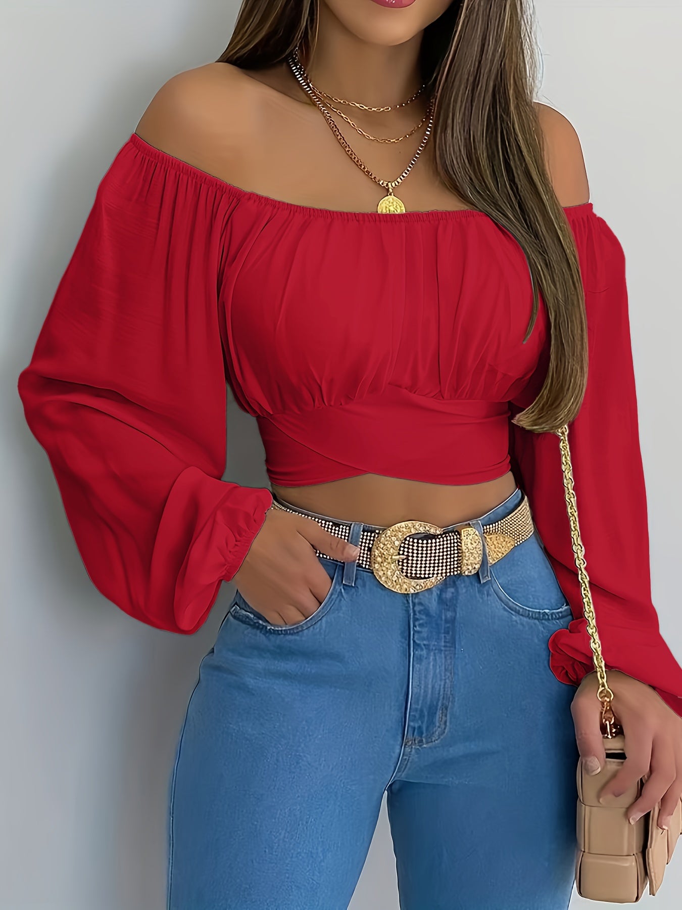 vlovelaw Solid Cross Tie Back Crop Blouse, Casual Off Shoulder Long Sleeve Top, Women's Clothing