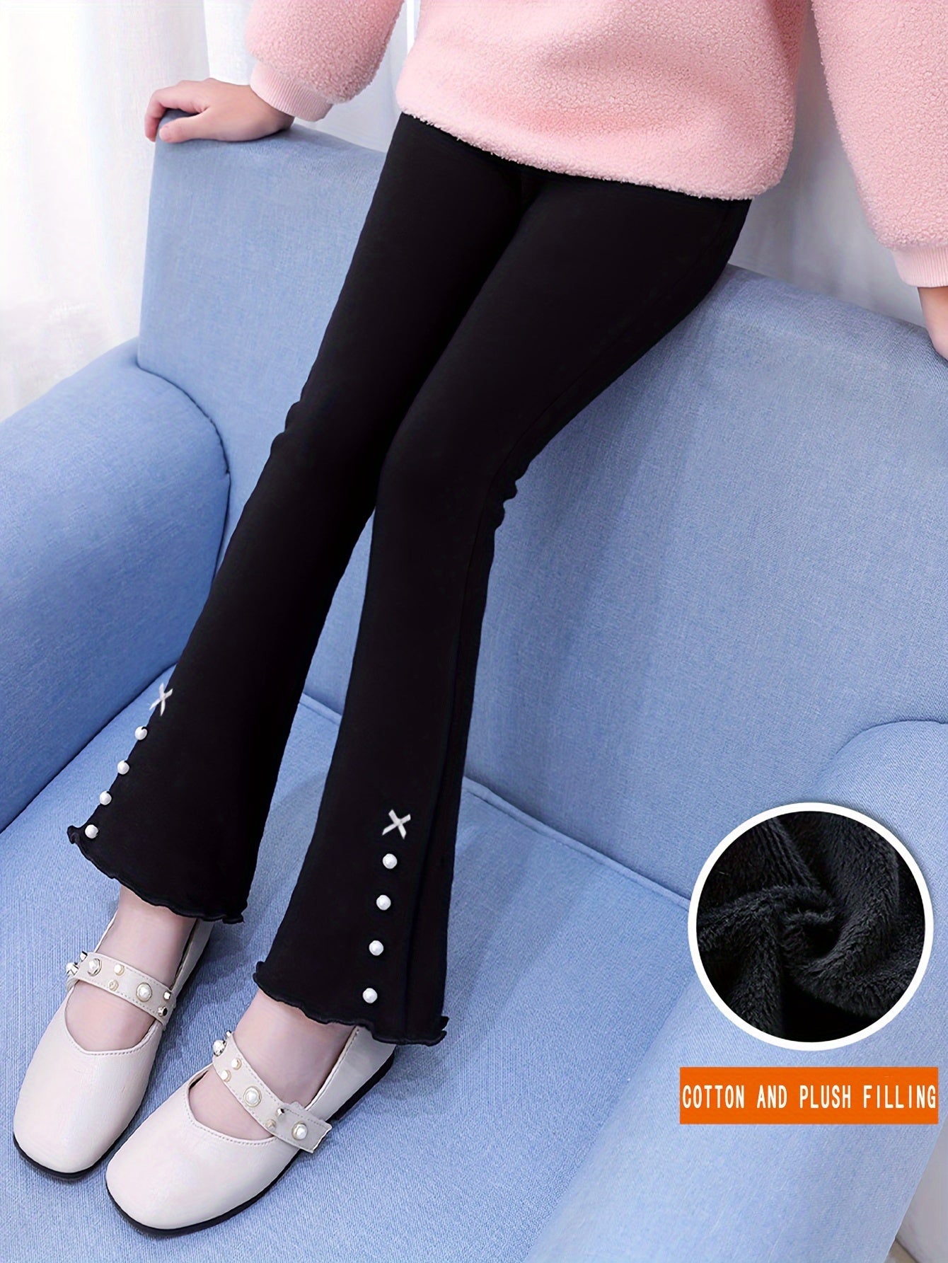 vlovelaw Girls Elegant Thermal Flare Pants With Bowknot & Bead Details, Slim Warm Long Pants For Fall Winter