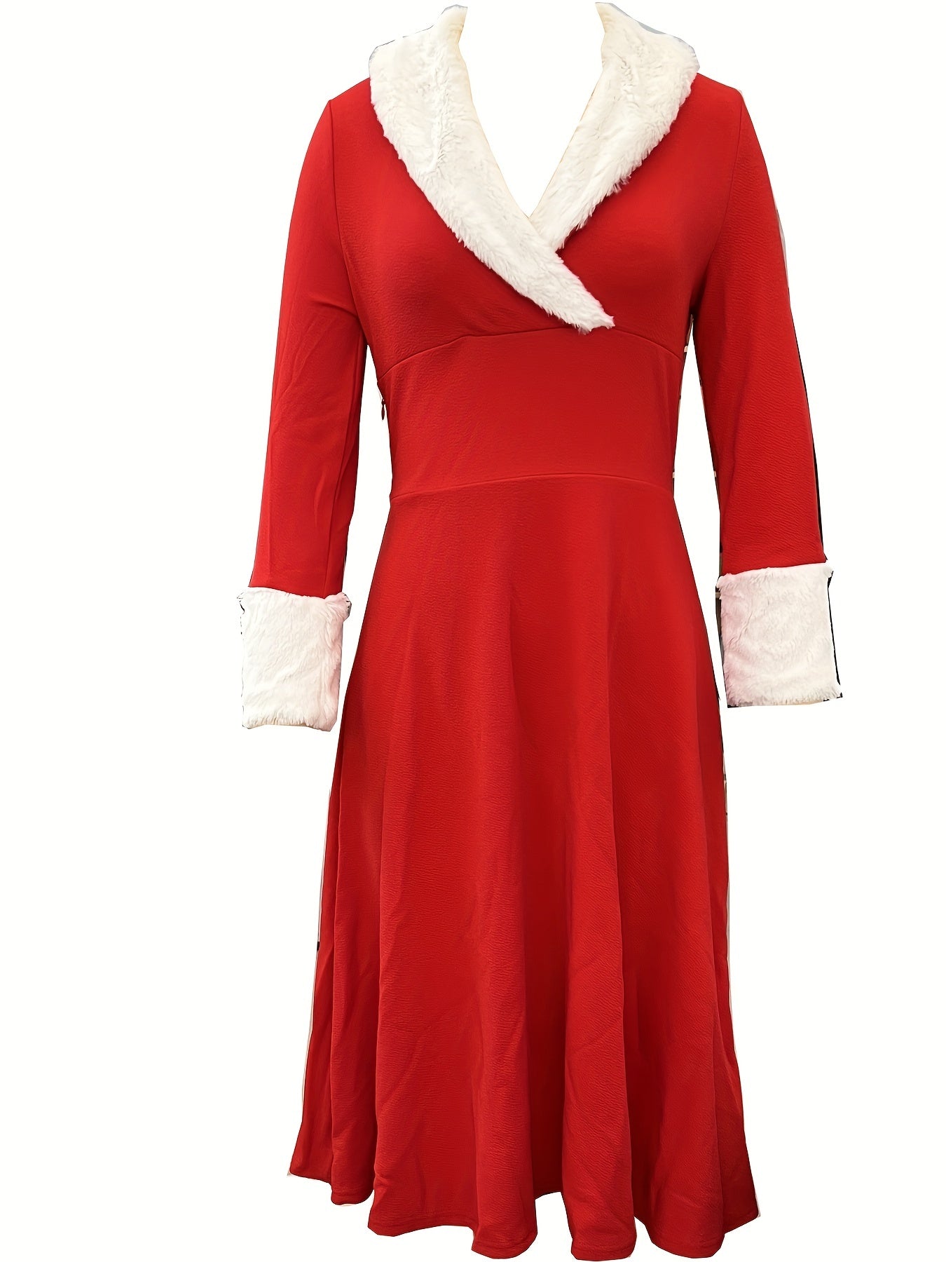 Fuzzy Solid Dress, Vintage V Neck Christmas Party Midi Dress, Women's Clothing
