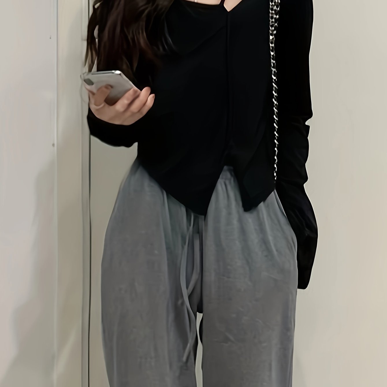 vlovelaw Solid Asymmetric Neck T-Shirt, Stylish Long Sleeve Split Hem Top For Spring & Fall, Women's Clothing