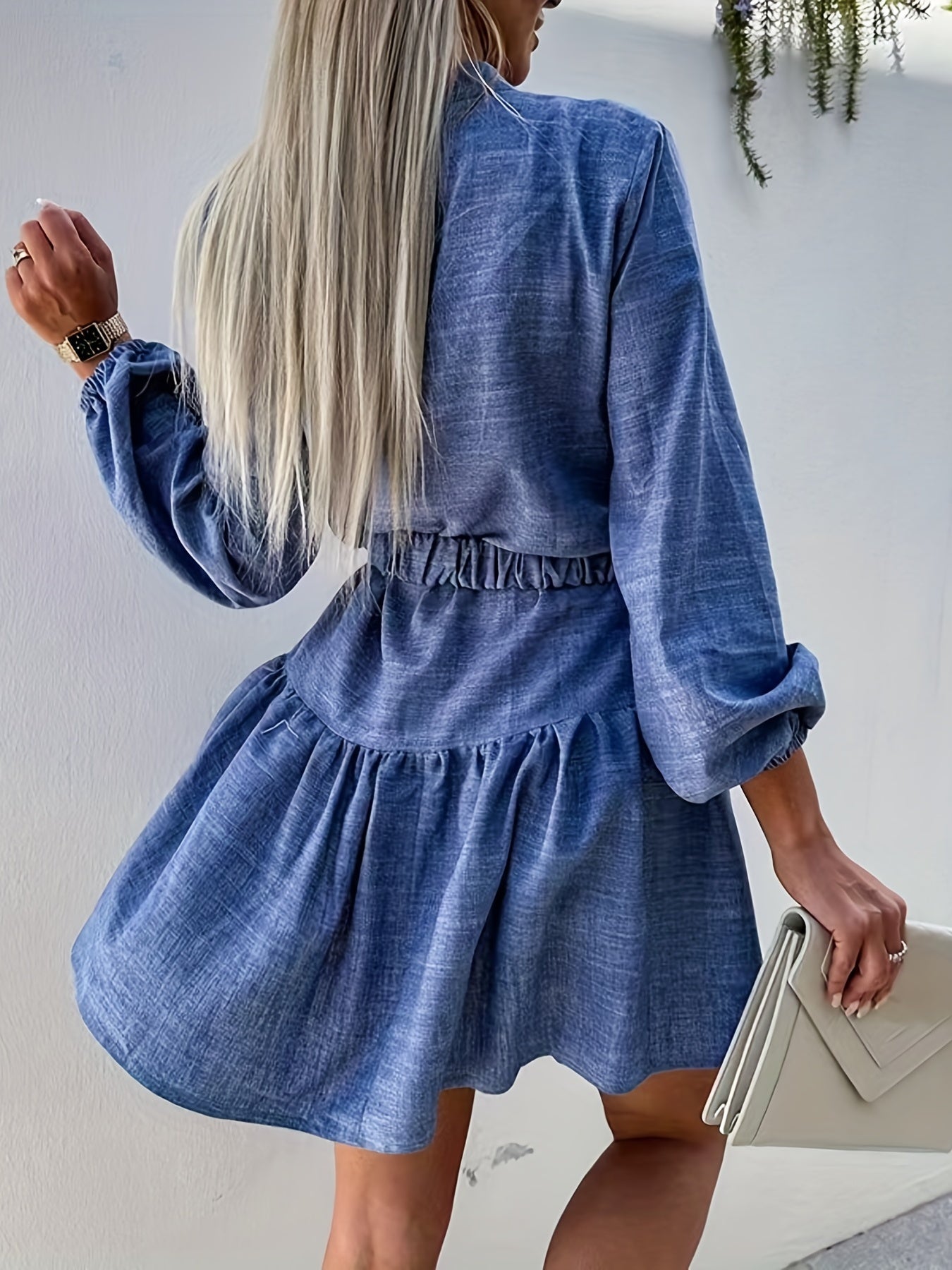 vlovelaw Solid Button Decor Ruffle Hem Dress, Casual Long Sleeve Belted Dress, Women's Clothing