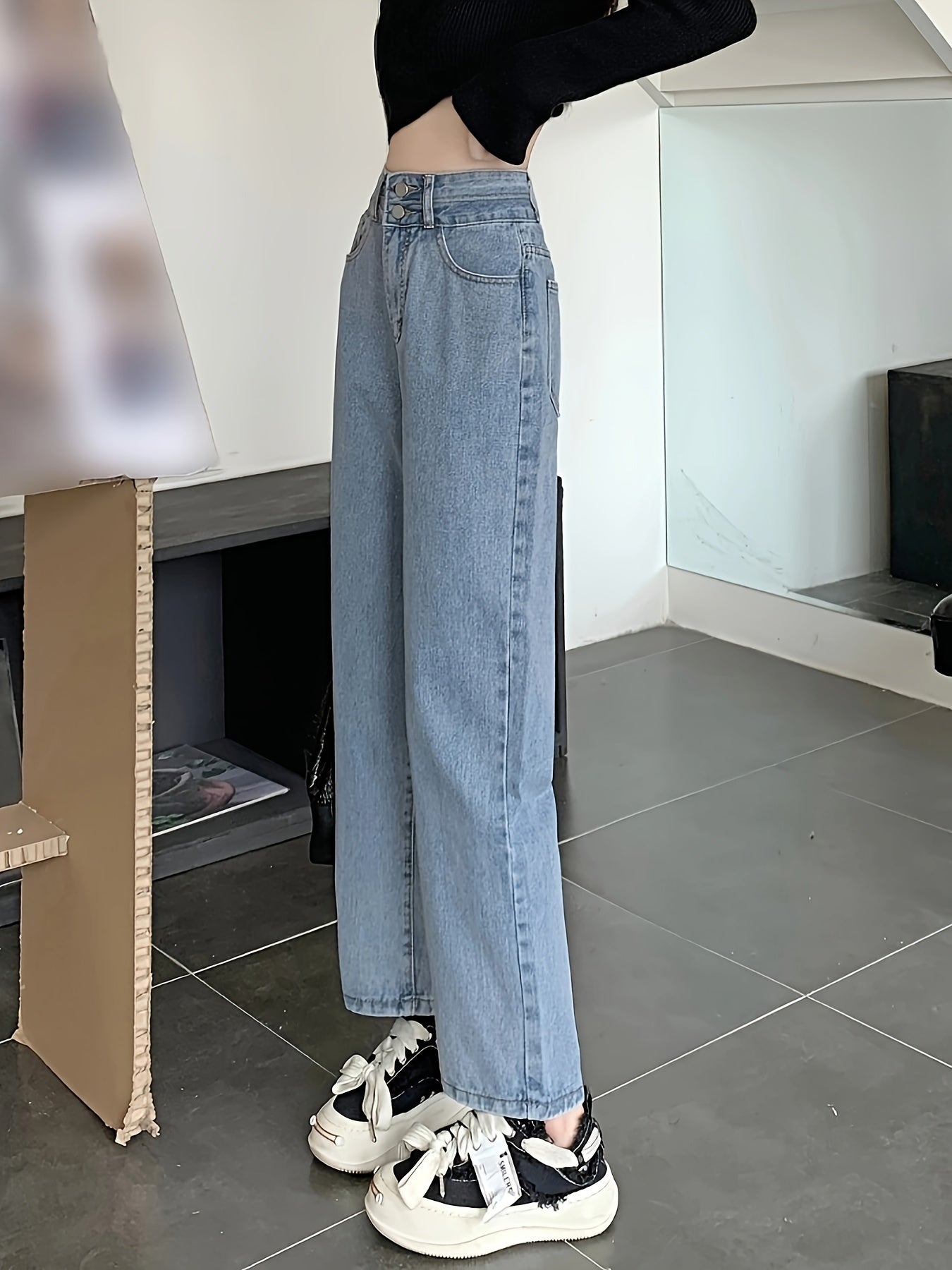 vlovelaw Double Buttons Plain Straight Leg Jeans, High Rise Loose Fit Washed Blue Denim Pants, Women's Denim Jeans & Clothing
