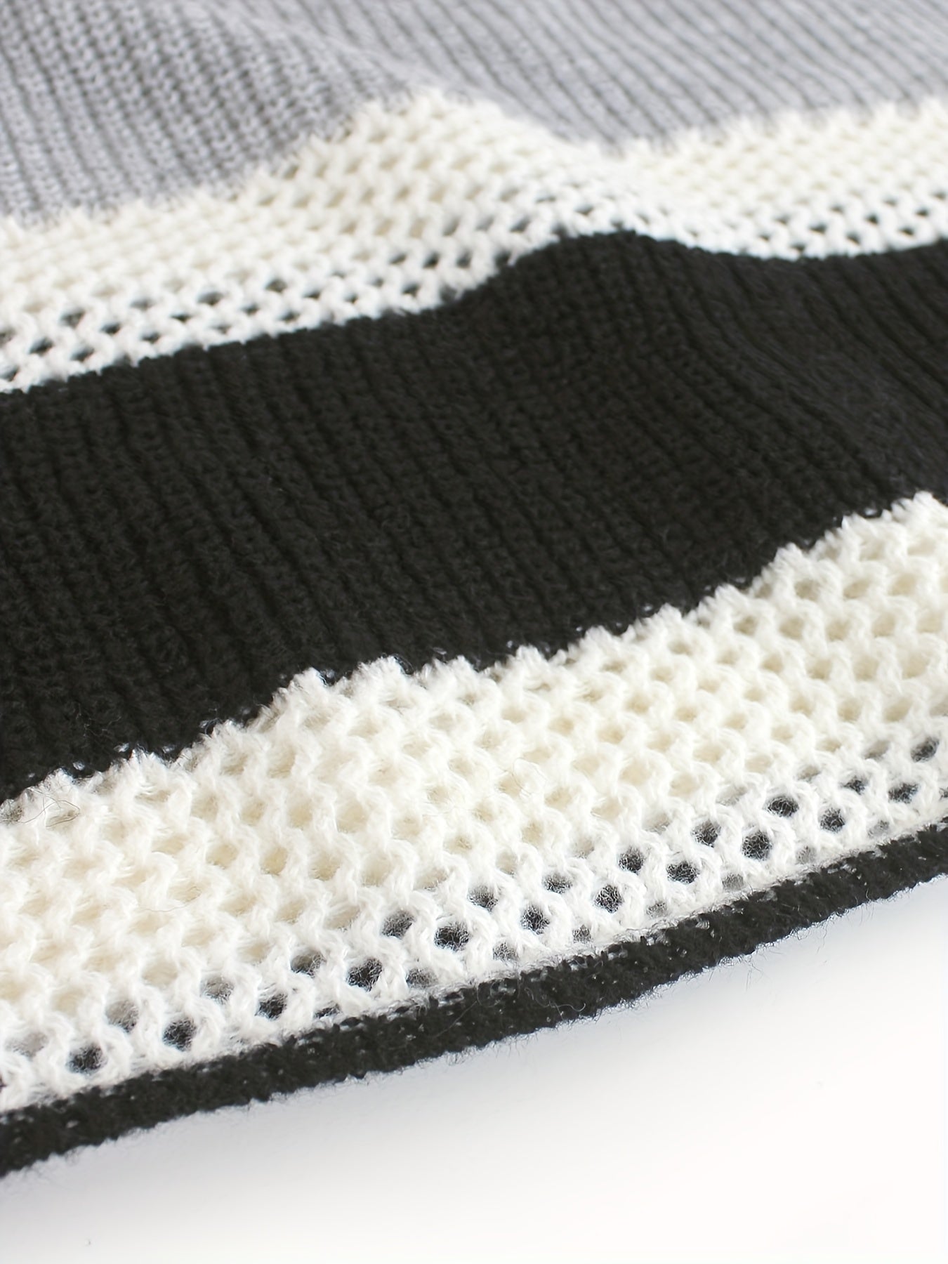 vlovelaw Hollow Outer Striped Knit Sweater, Casual Crew Neck Long Sleeve Sweater, Women's Clothing