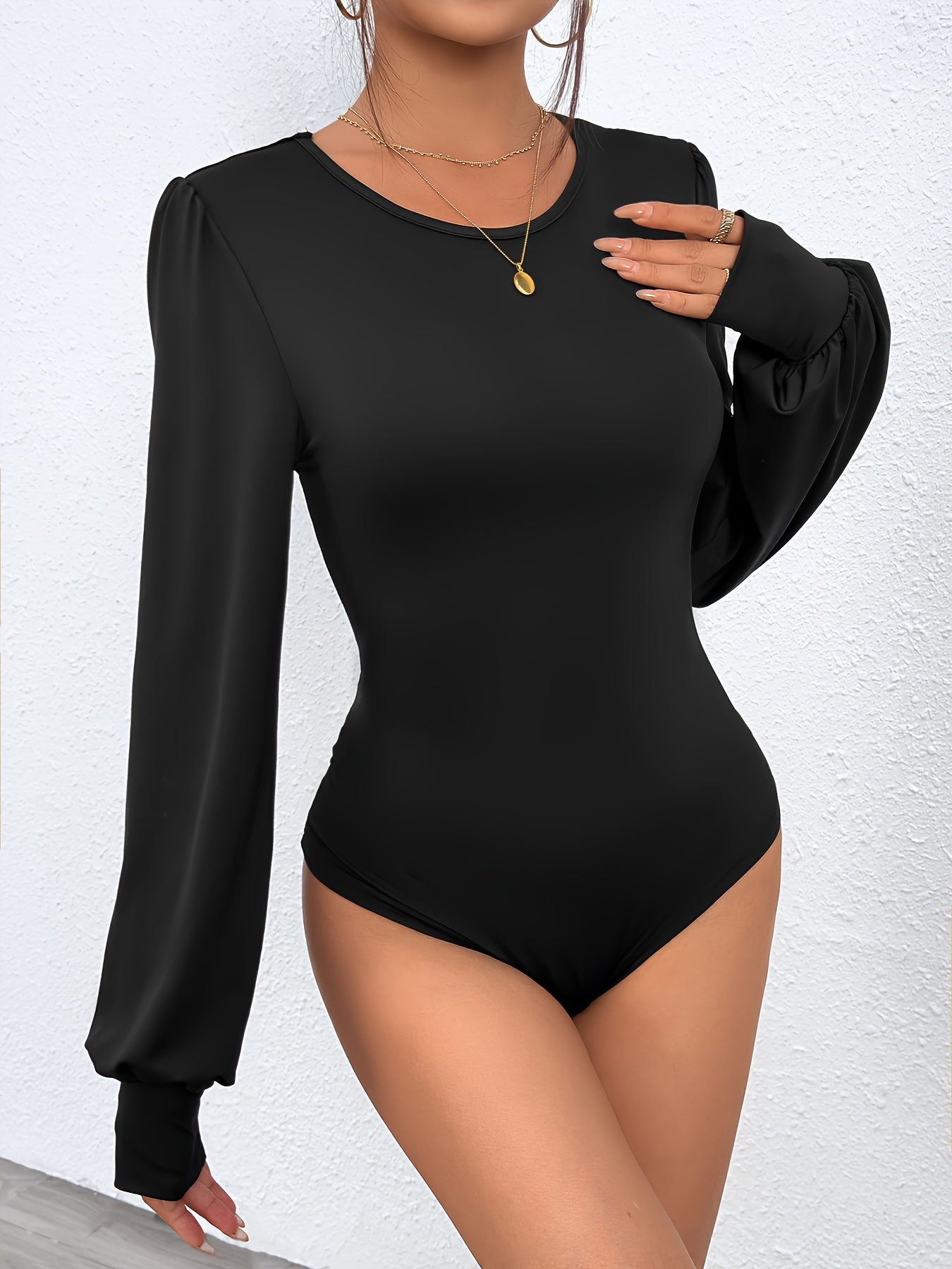 vlovelaw Solid Crew Neck Bodysuit, Elegant Lantern Sleeve Slim Bodysuit, Women's Clothing