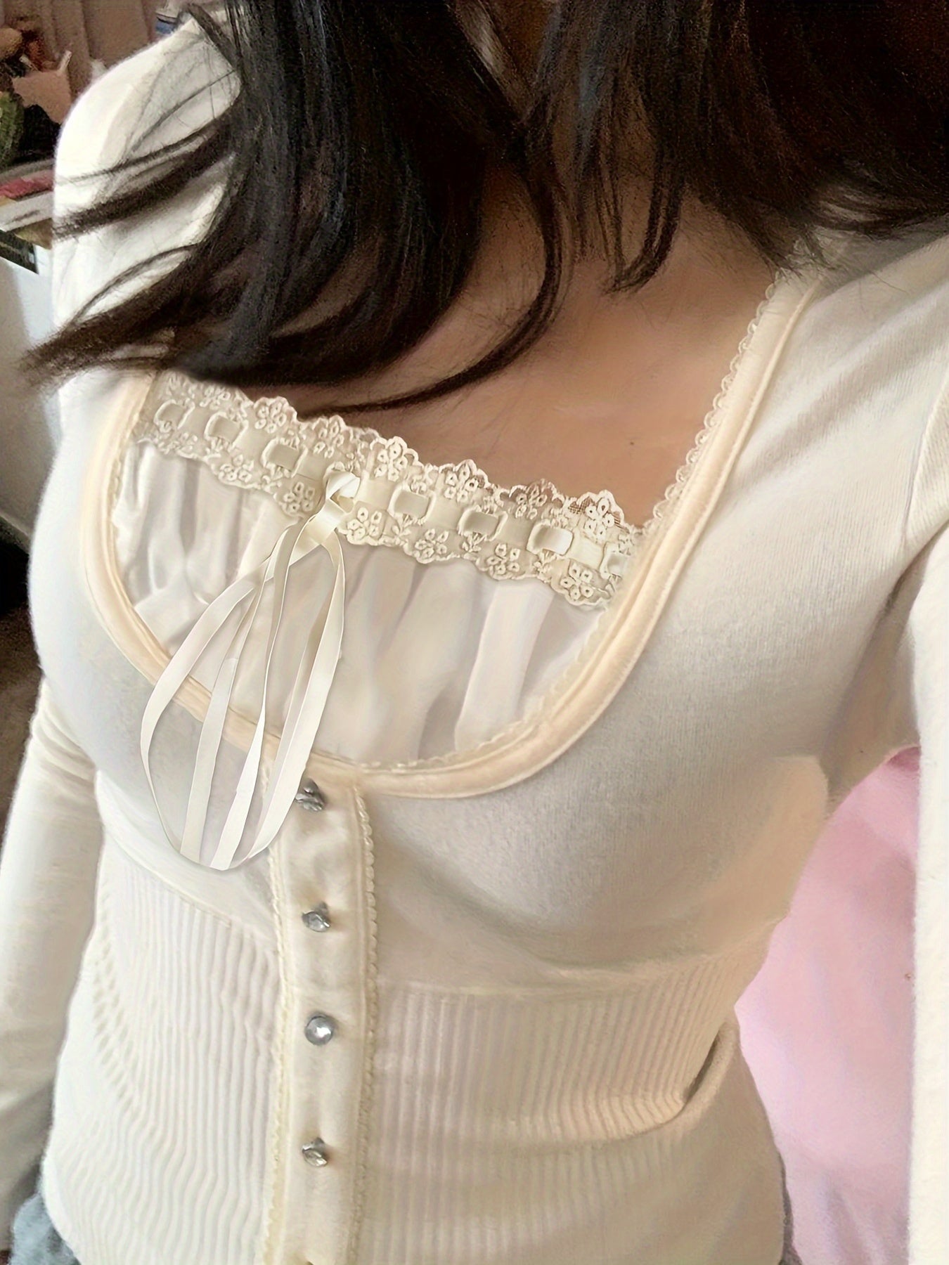 Lace Trim Tie Front Ribbed T-Shirt, Casual Long Sleeve Top For Spring & Fall, Women's Clothing