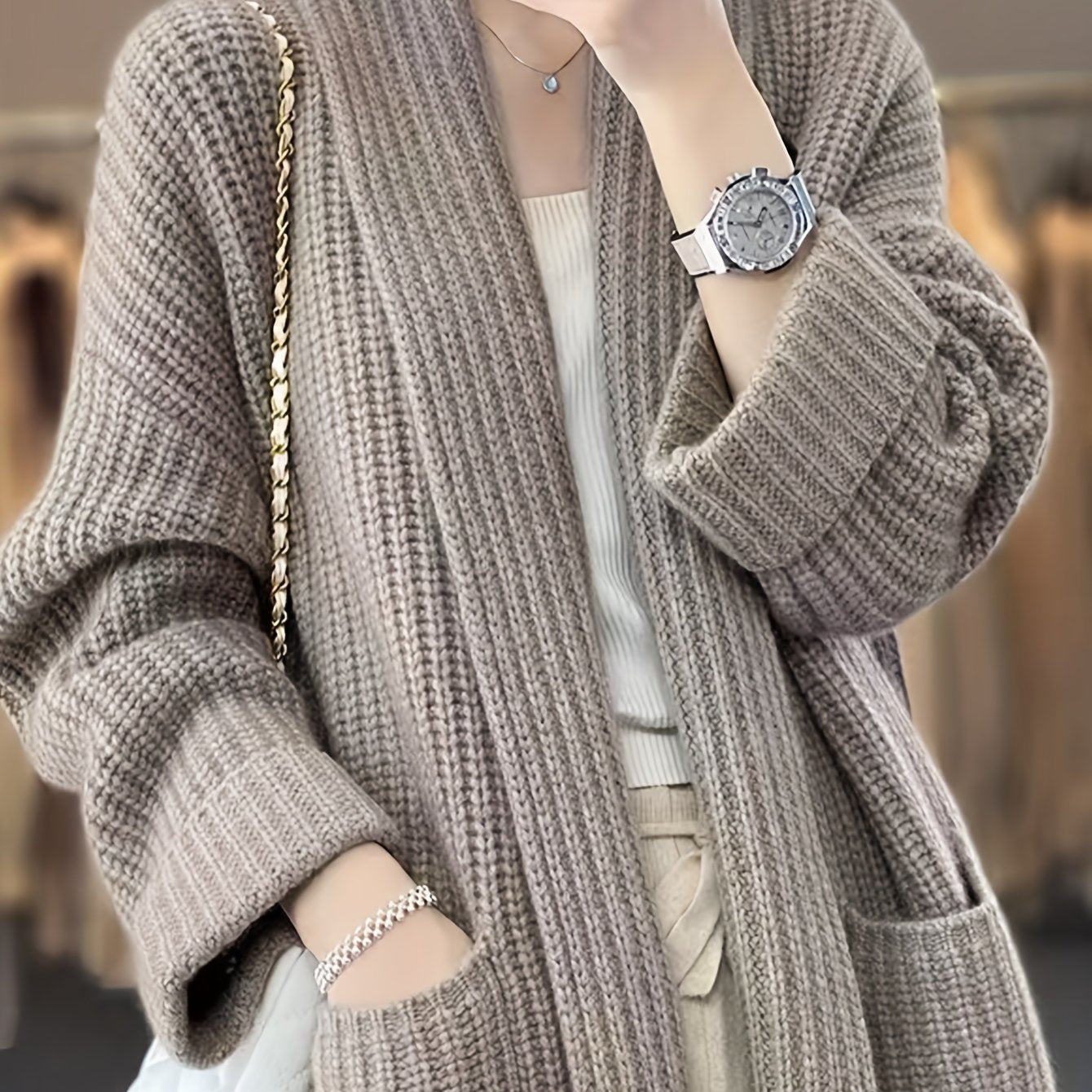 vlovelaw Solid Open Front Knit Cardigan, Casual Long Sleeve Oversized Sweater Coat With Pocket, Women's Clothing