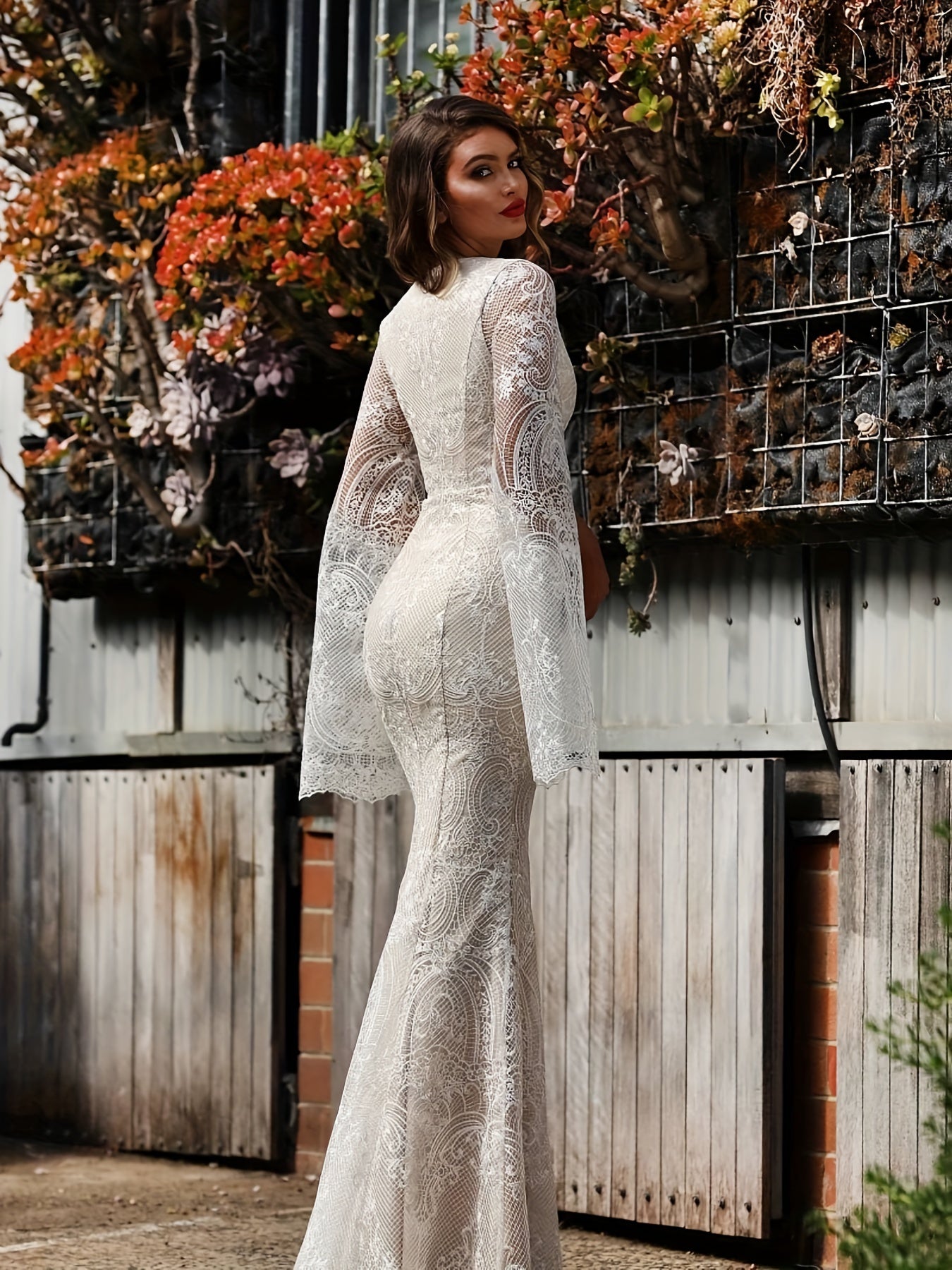 vlovelaw Guipure Lace V Neck Cocktail Dress, Elegant Cape Sleeve Split Slim Fit Evening Dress For Party & Banquet, Women's Clothing