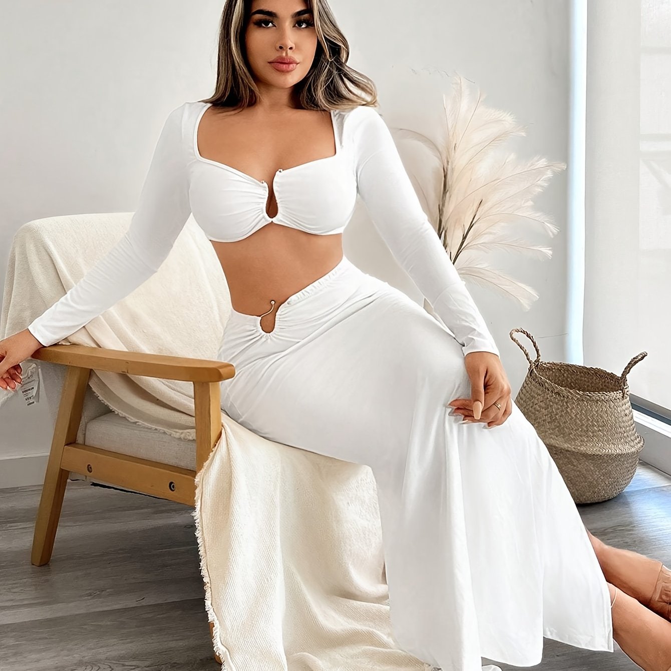vlovelaw Sexy Solid Slim Two-piece Skirt Set, Crop Square Neck Long Sleeve Top & High Split Bodycon Skirt Outfits, Women's Clothing
