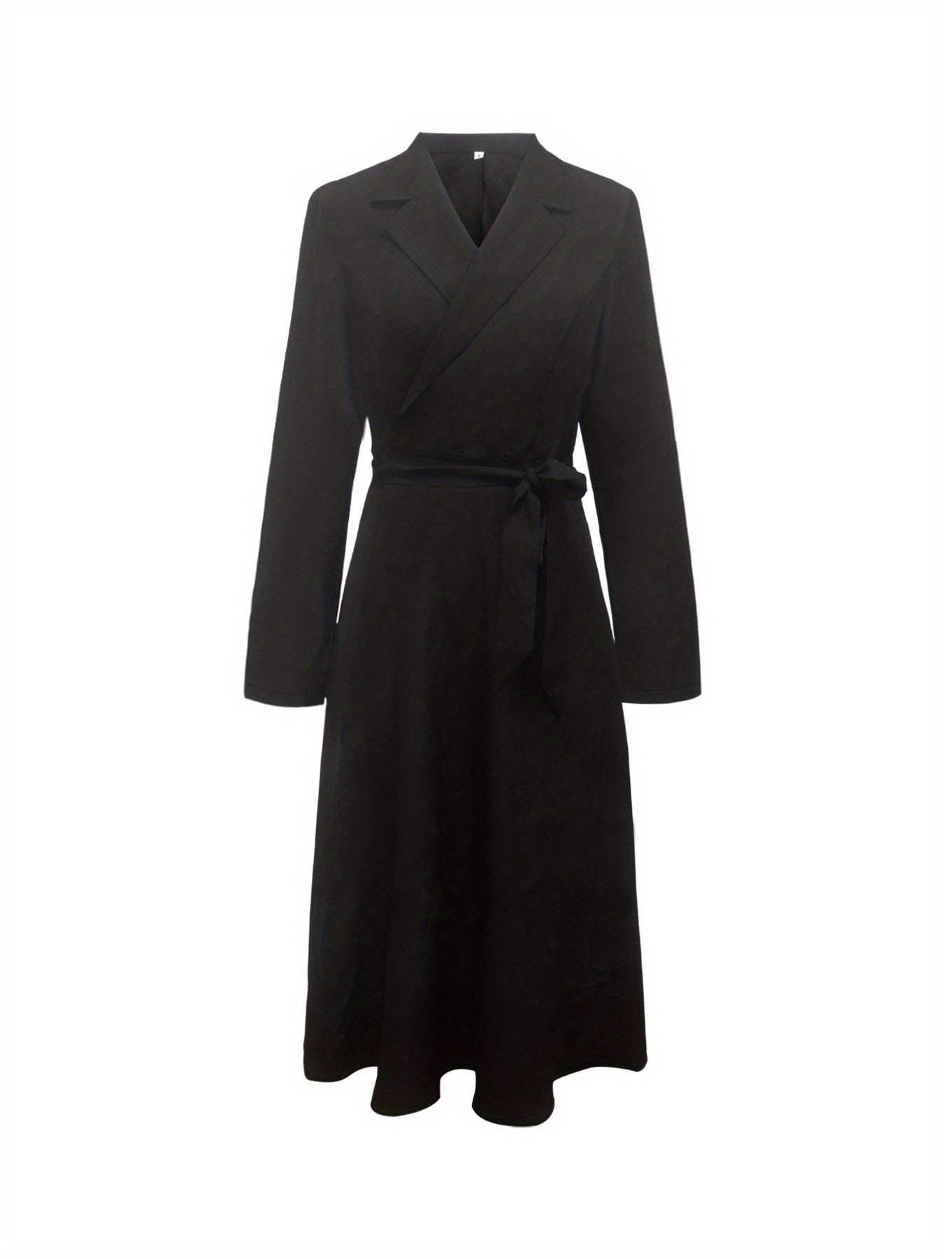 Solid V Neck Belted Dress, Casal Long Sleeve Dress For Spring & Fall, Women's Clothing