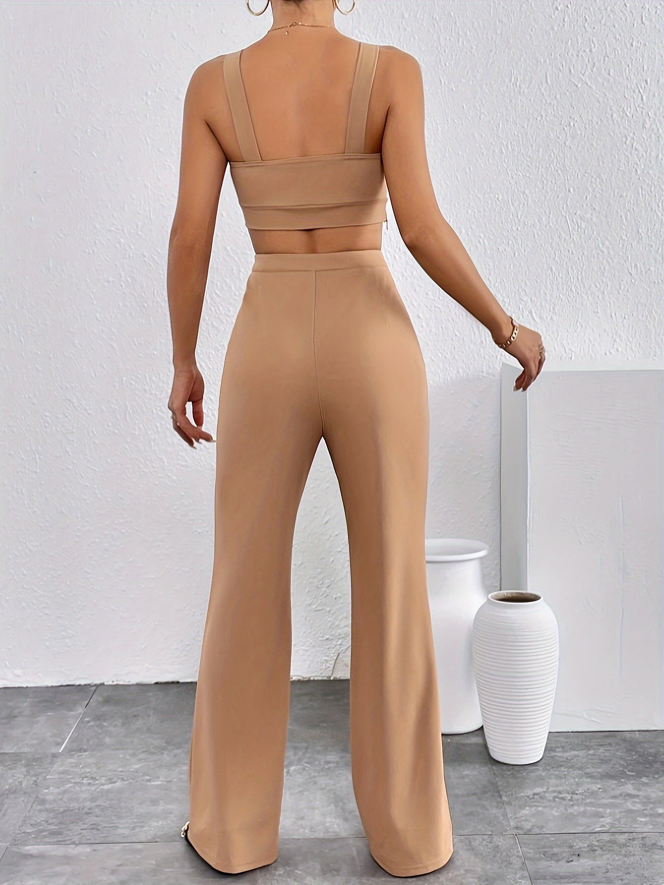 vlovelaw Elegant Solid Color Two-piece, Chain Strap Backless Crop Top & High Waist Straight Leg Pants Outfits, Women's Clothing