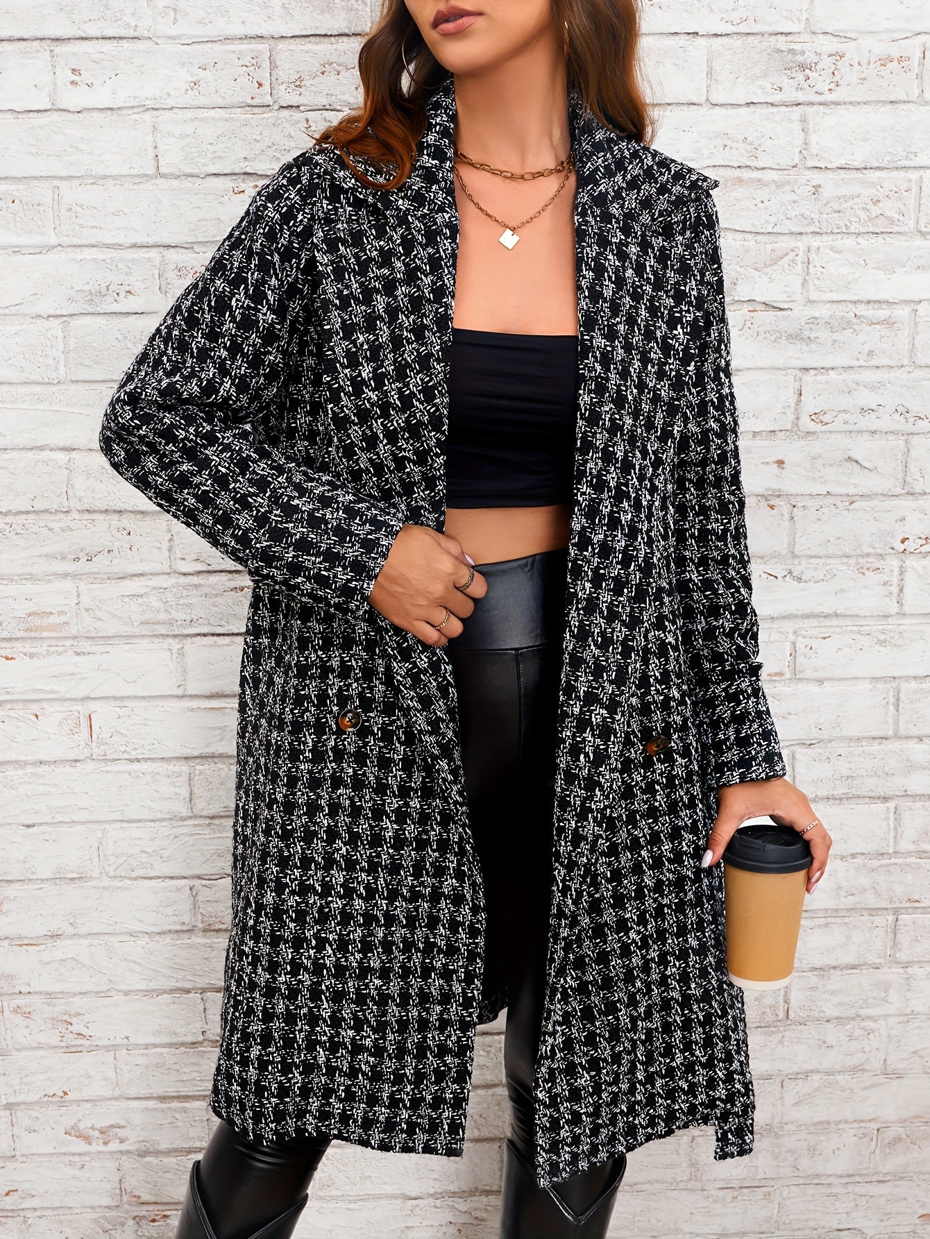 Houndstooth Pattern Double Breasted Overcoat, Elegant Lapel Long Sleeve Outerwear, Women's Clothing