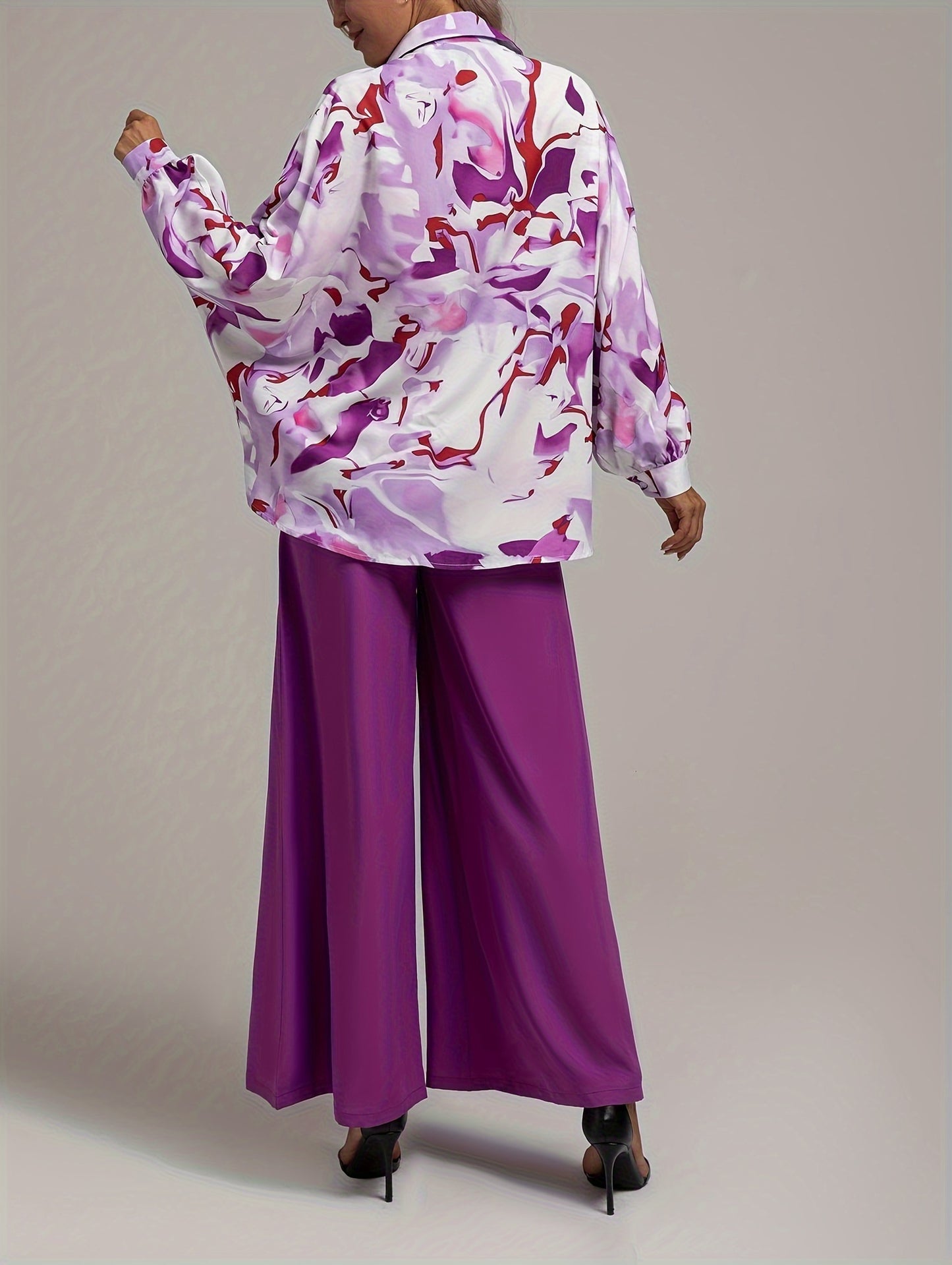 vlovelaw Elegant Two-piece Set, Allover Print Button Front Shirt & Solid High Waist Wide Leg Pants Outfits, Women's Clothing