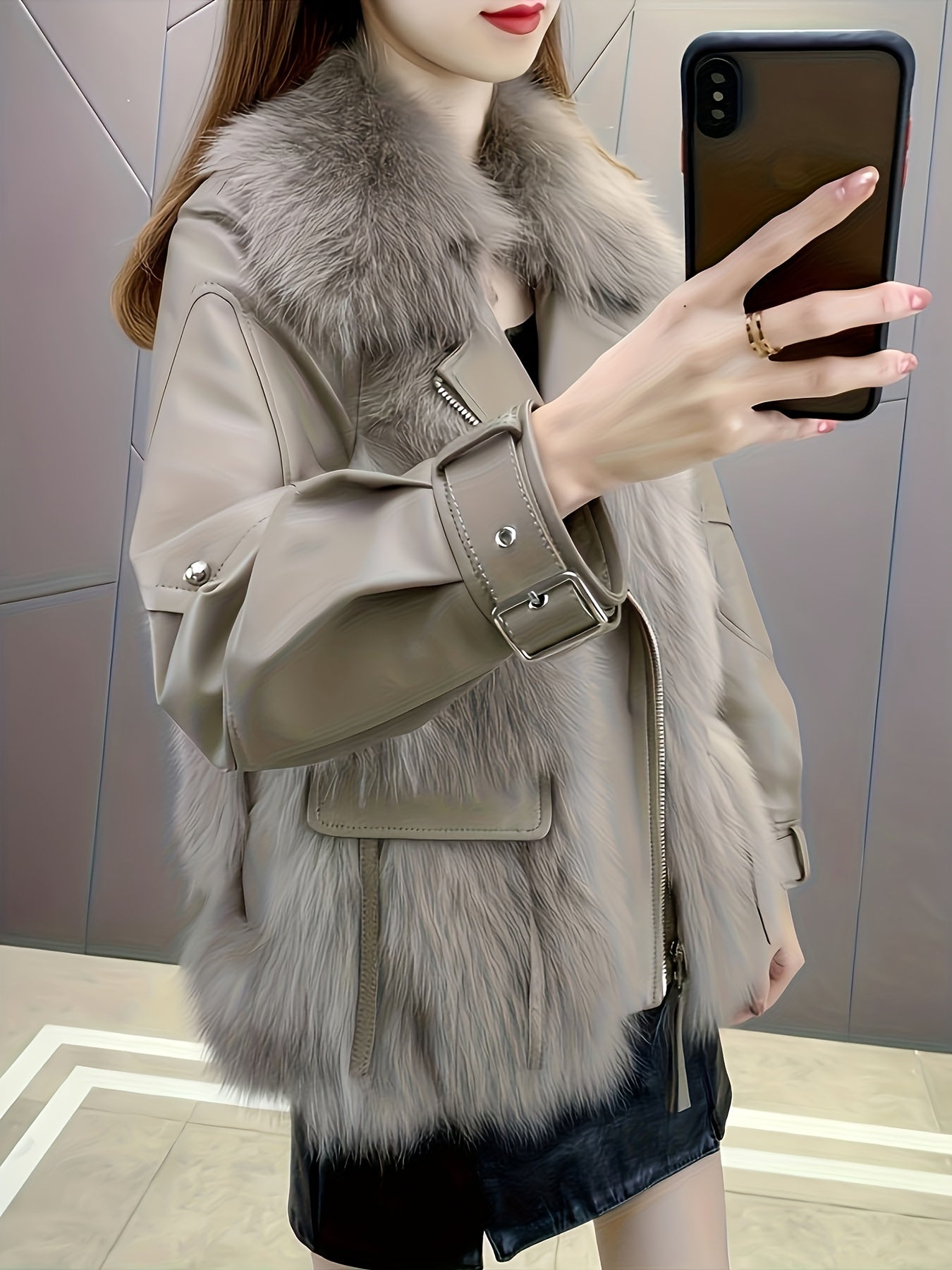 vlovelaw Fluffy Trim Solid Coat, Casual Zip Up Long Sleeve Winter Outerwear, Women's Clothing