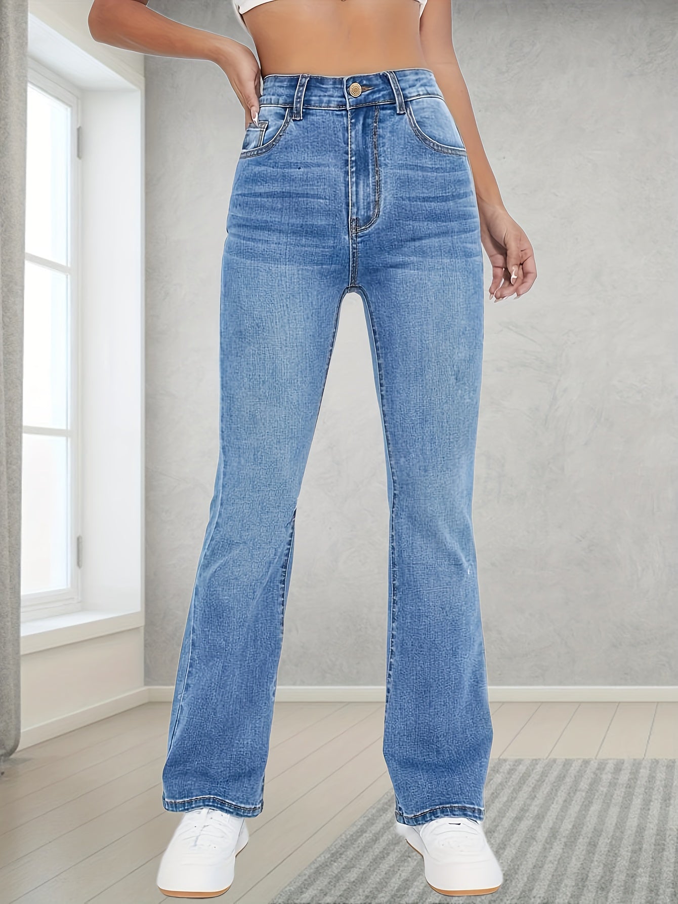 vlovelaw Light Blue Casual Bootcut Jeans, Mid-Stretch Slant Pockets High Waist Denim Pants, Women's Denim Jeans & Clothing