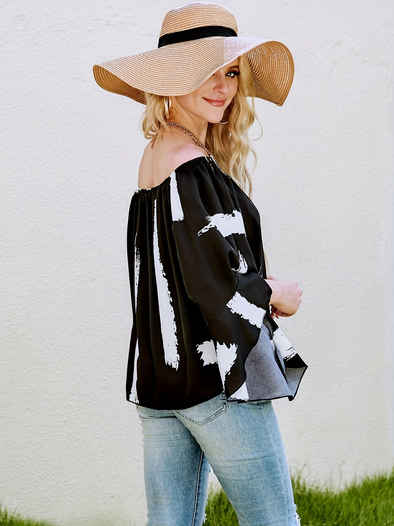 vlovelaw Brush Print Off Shoulder Tube Top, Casual Shirred Trim Flare Sleeve Top For Spring & Summer, Women's Clothing