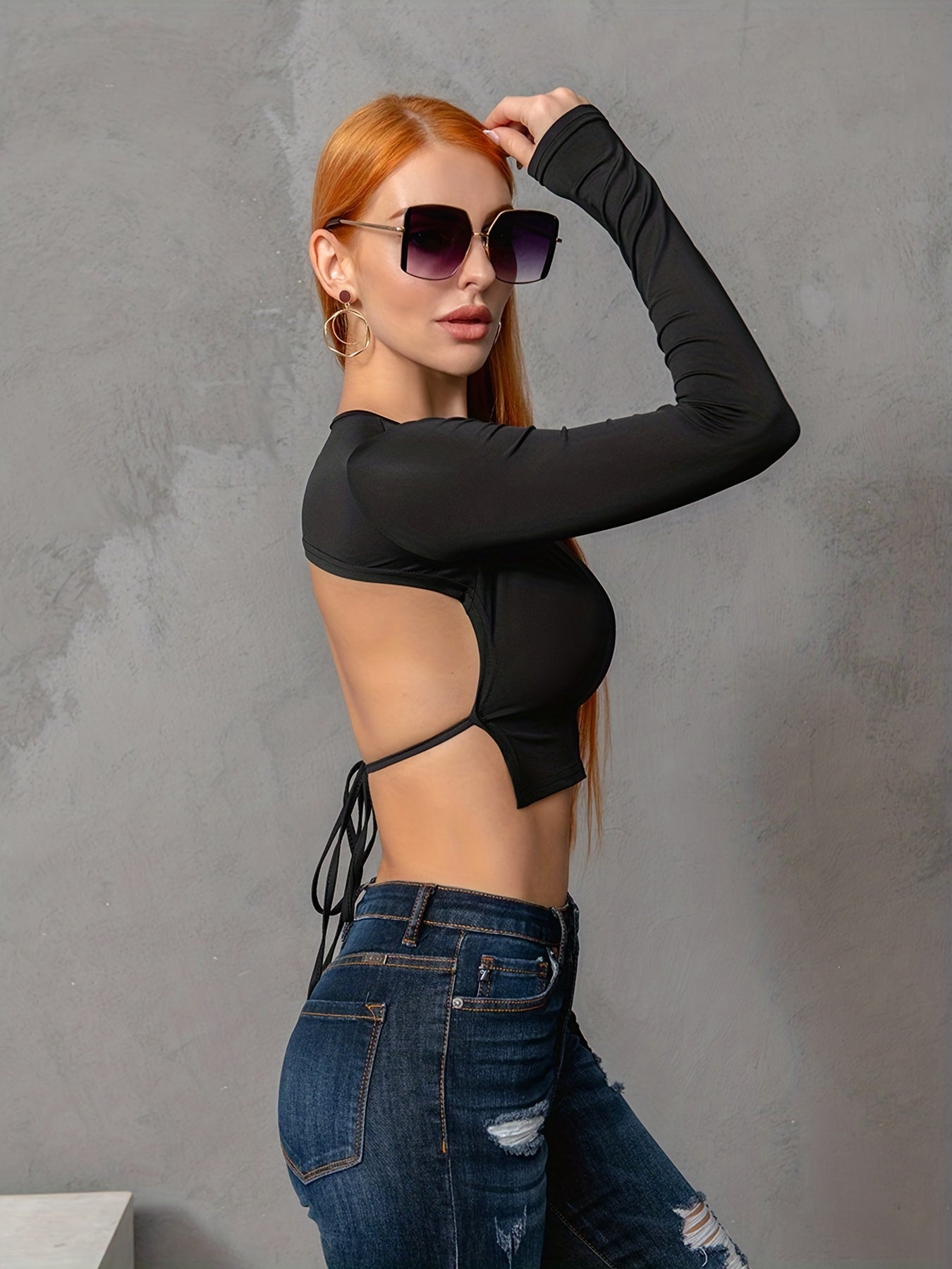 vlovelaw Backless Drawstring Crop Tee, Y2K Crew Neck Long Sleeve Skinny Tee For Spring & Summer, Women's Clothing