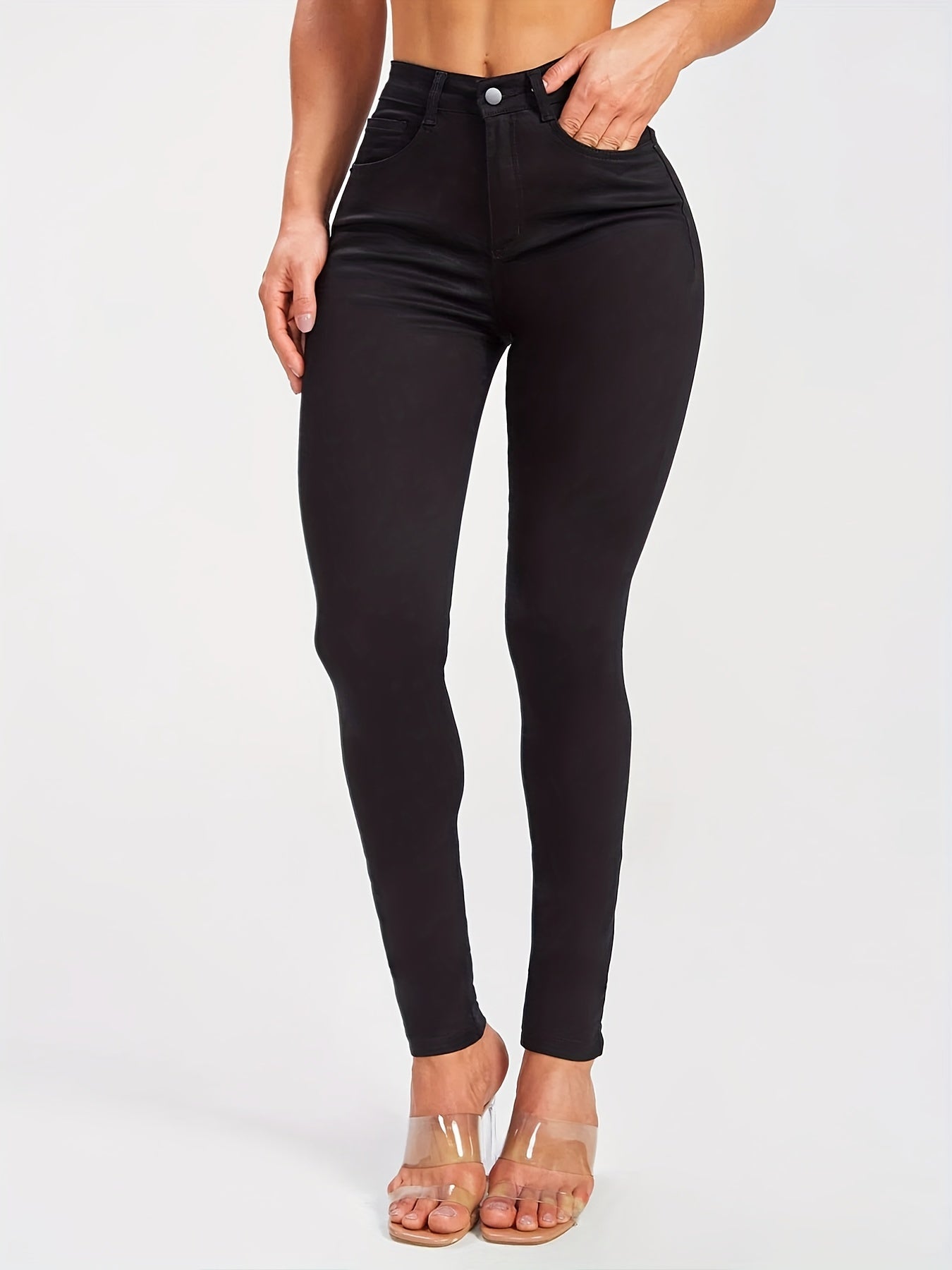 Solid Black Skinny Jeans, High Stretch Mid Rise Stylish Plain Denim Pants, Essential Basic Pants For Every Day, Women's Denim Jeans & Clothing