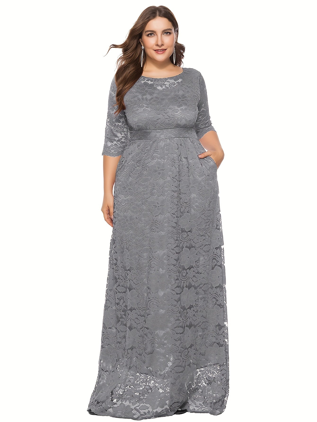 Plus Size Elegant 3/4 Sleeve Crew Neck Lace Dress - Fitted, Trapeze Hem, Pocket Details - Perfect for Wedding, Evening, Occasion, Engagement, Ceremony, and All-Season Events