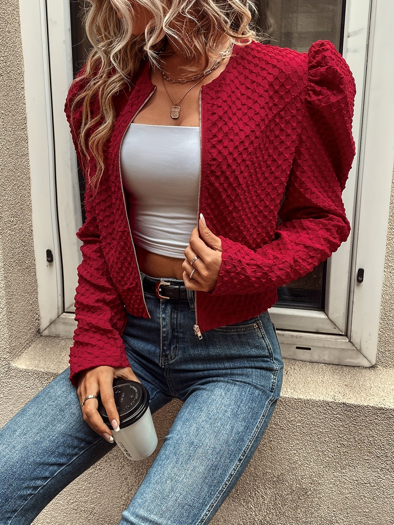 Solid Zip Up Jacket, Elegant Ruched Long Sleeve Outwear For Spring & Fall, Women's Clothing