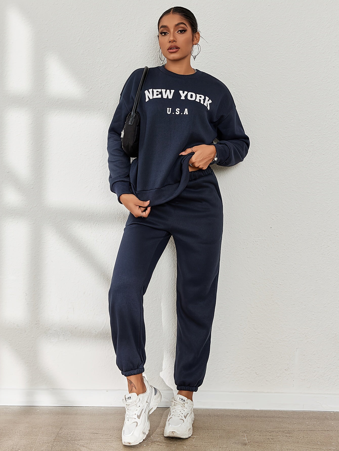 Casual Workout Two-piece Set, Letter Print Long Sleeve Sweatshirt & Solid Jogger Pants Outfits, Women's Clothing