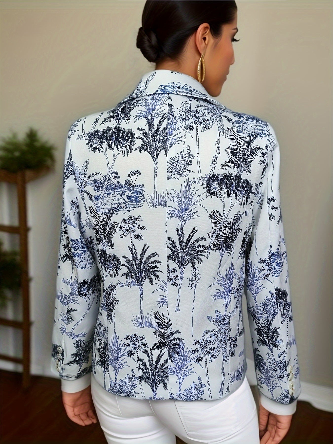 Tree Print Lapel Blazer, Casual One Button Long Sleeve Outerwear, Women's Clothing