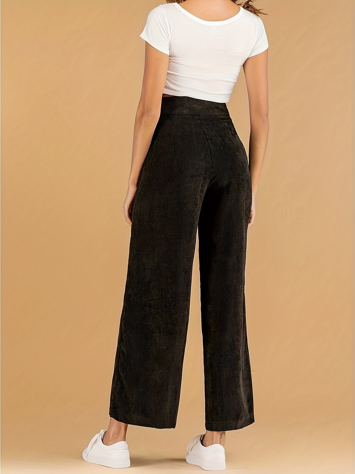 Solid Corduroy Wide Leg Pants, Casual High Waist Slant Pocket Pants, Women's Clothing