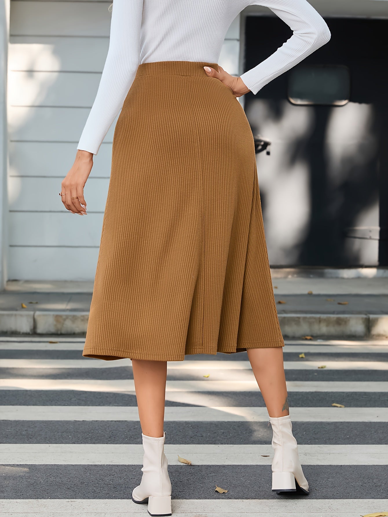 Solid Ribbed High Waist Skirt, Casual Midi Skirt For Spring & Summer, Women's Clothing