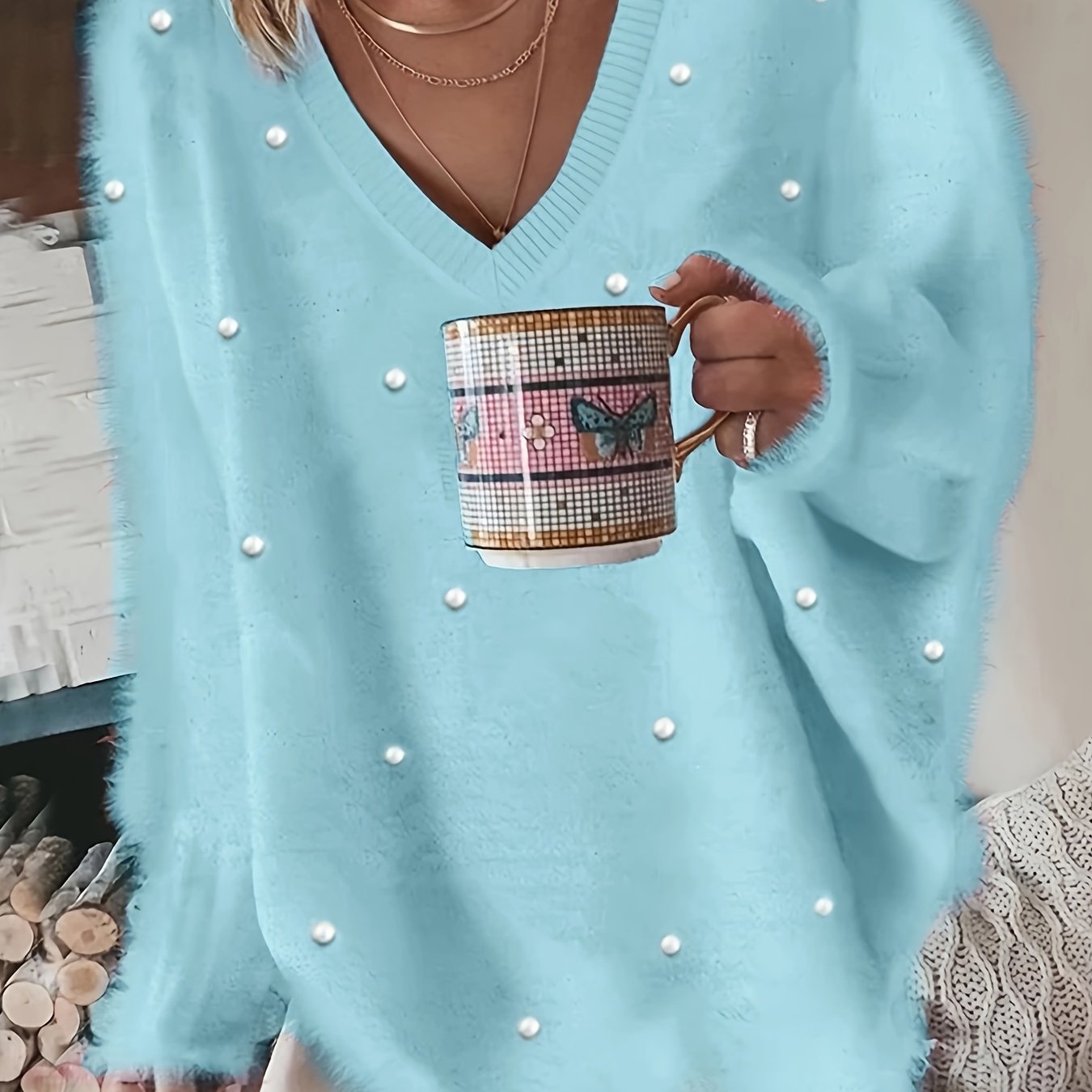 Rhinestone V Neck Fuzzy Sweater, Casual Long Sleeve Loose Sweater, Women's Clothing